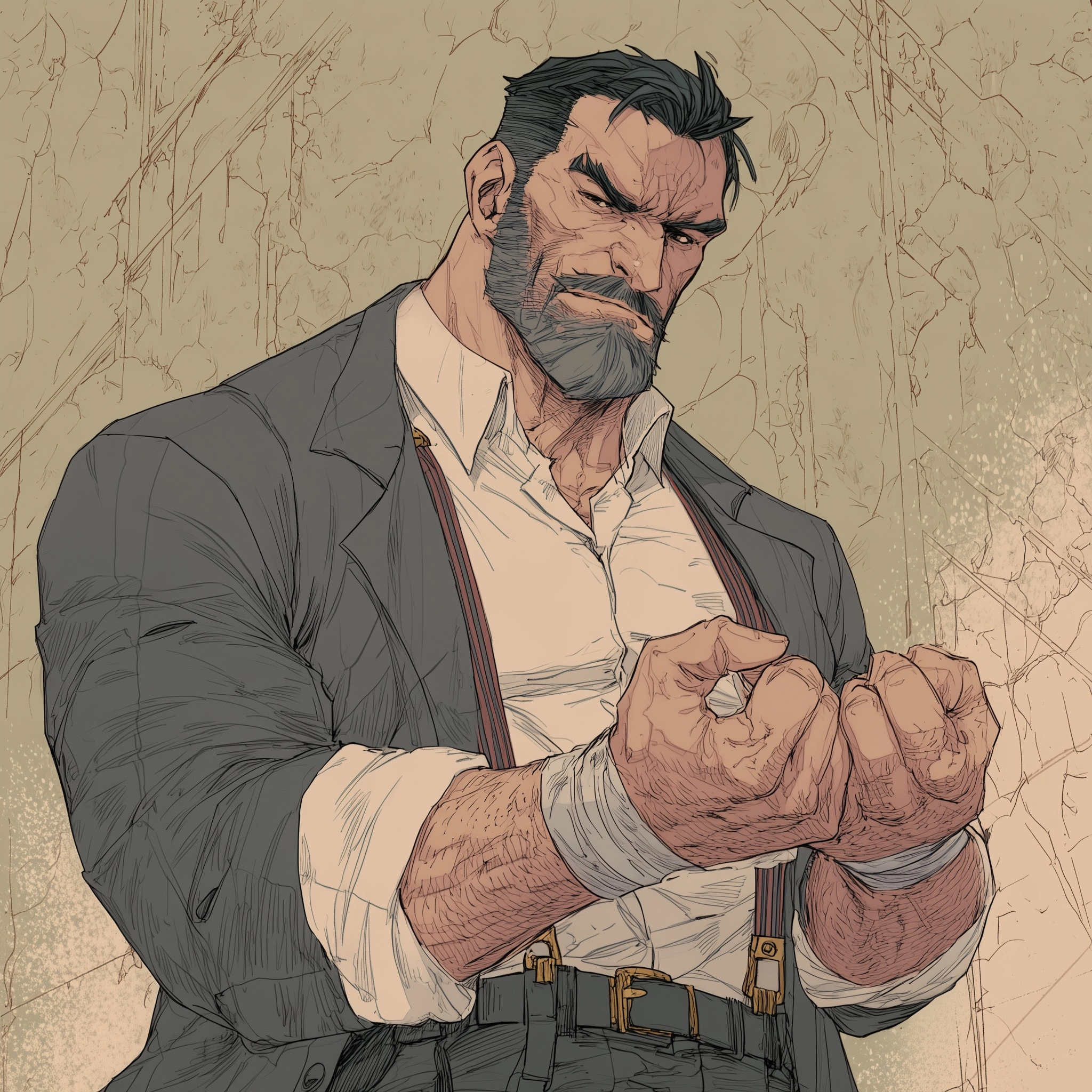 In the art style of modern manga. Bold lines and soft colors. A large muscular russian man dressed i