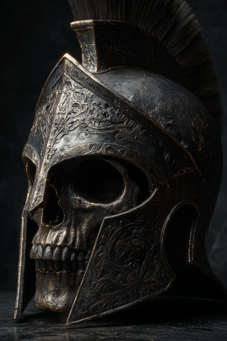 Skull in spartan type helmet, high detailed, dramatic lighting, dark background