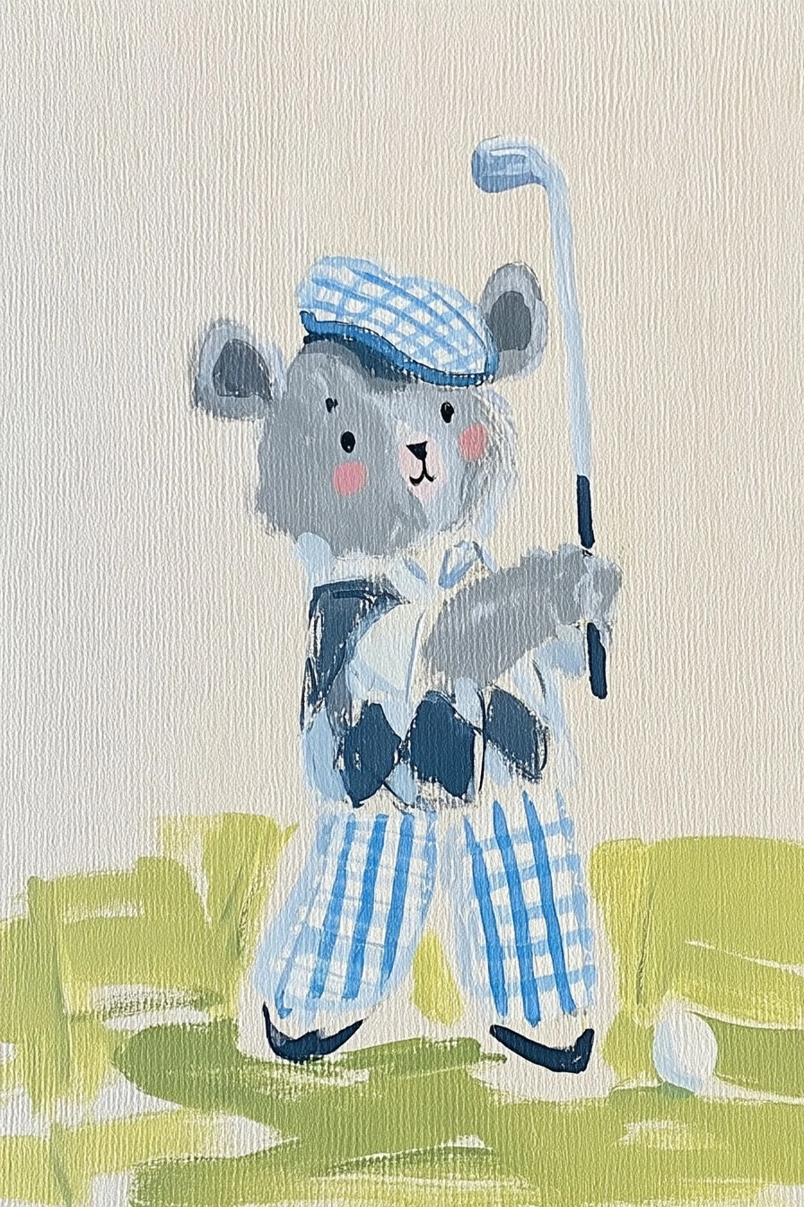 Watercolor illustration of a cute bear swinging a golf club