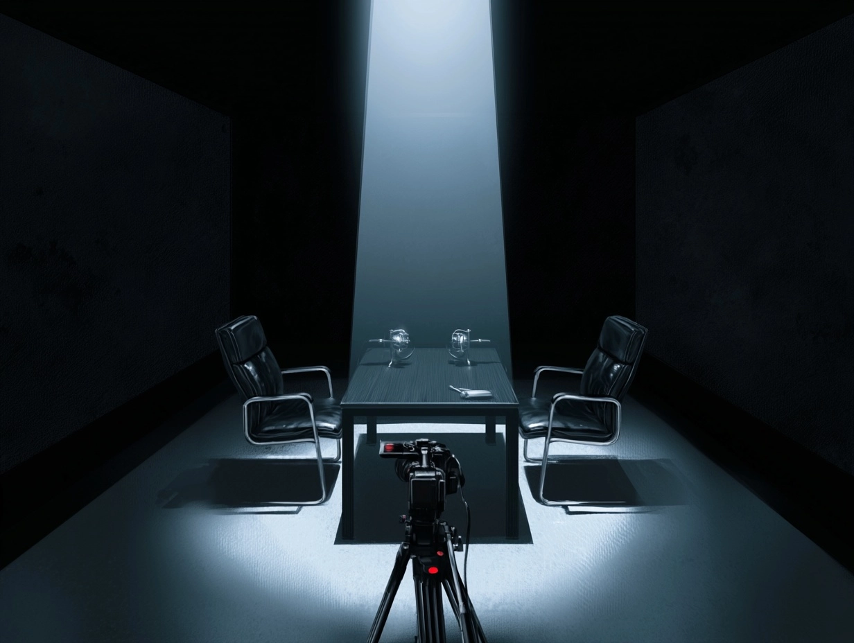 Empty Black Interview Room Under a Single Spotlight