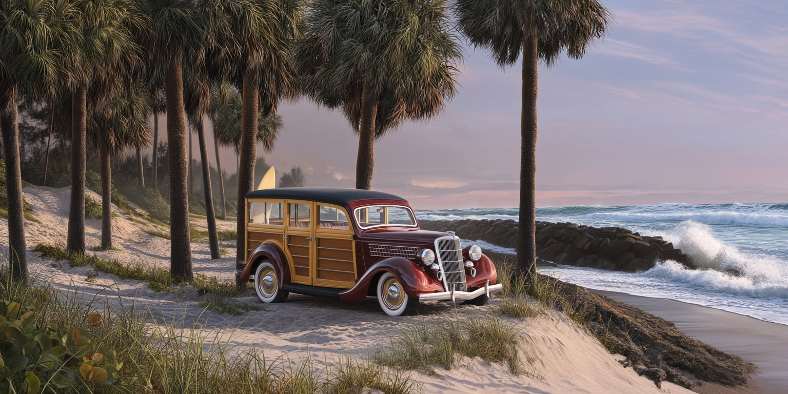 A 1935 woody station wagon sitting on a sand dune overlooking the beach on the east coast of florida
