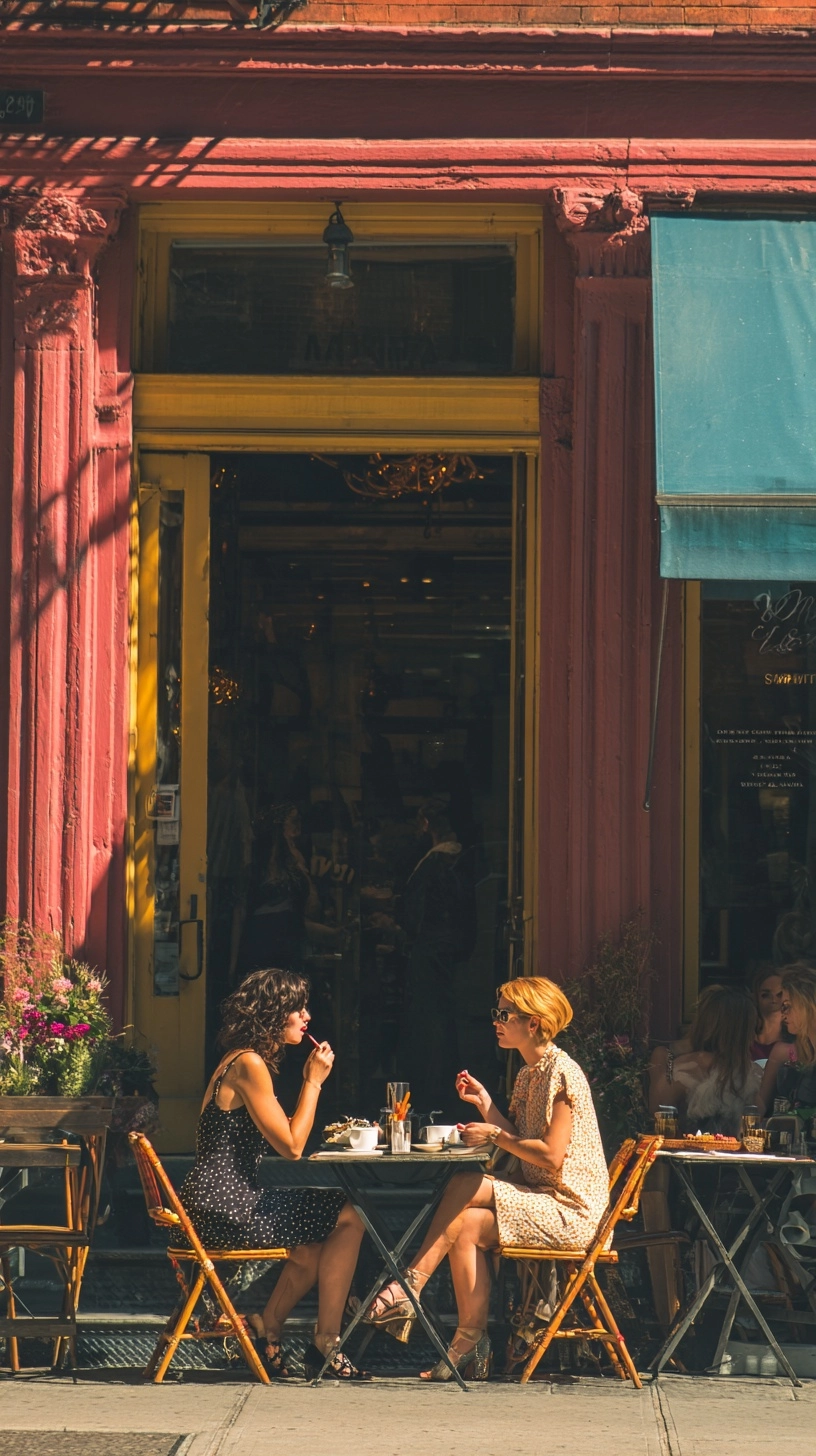 A bright, vibrant photo from across the street of two women gossiping while sitting at a cafe table