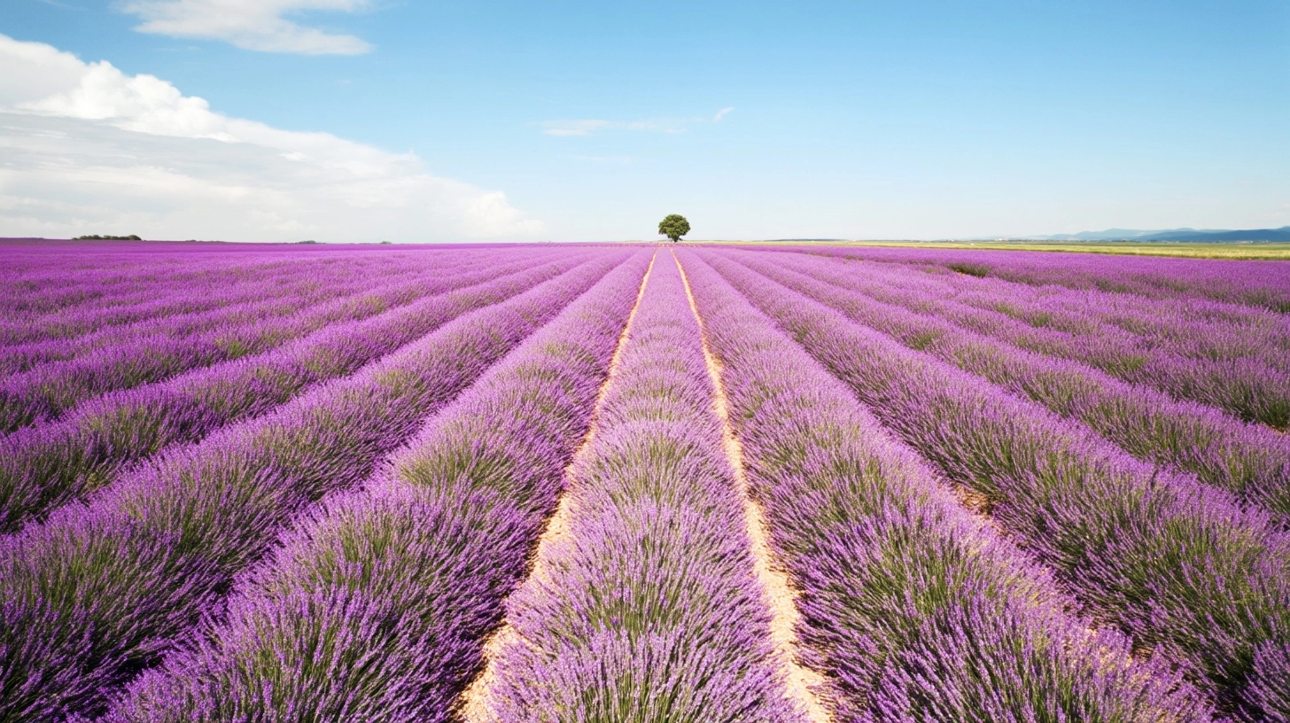 A drone aerial view of a lavender field in full bloom, bright summer sunlight
