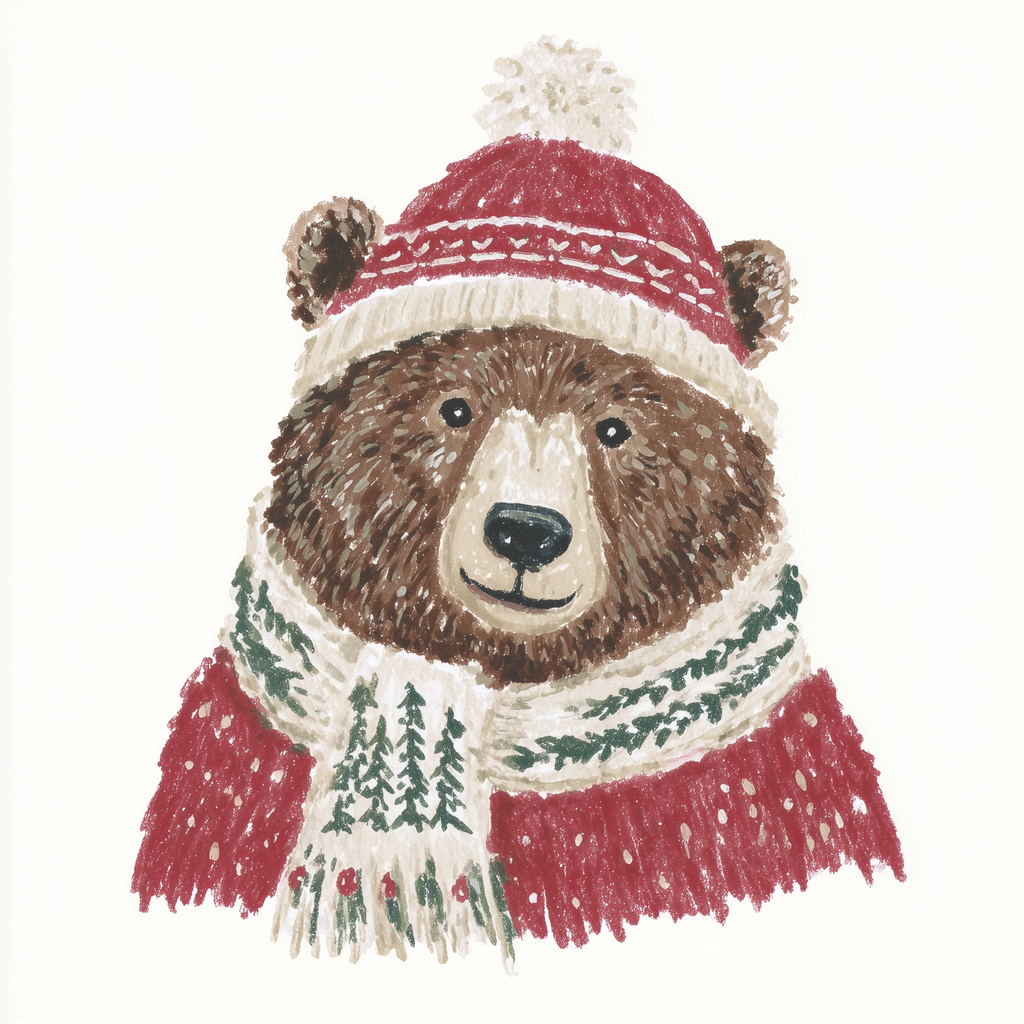 Grizzly bear wearing a knit cap and scarf, isolated on white background