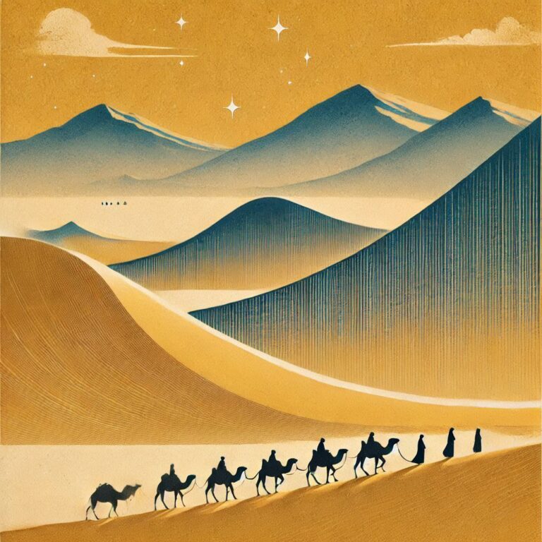 Minimalist Golden Desert with Blue Mountains