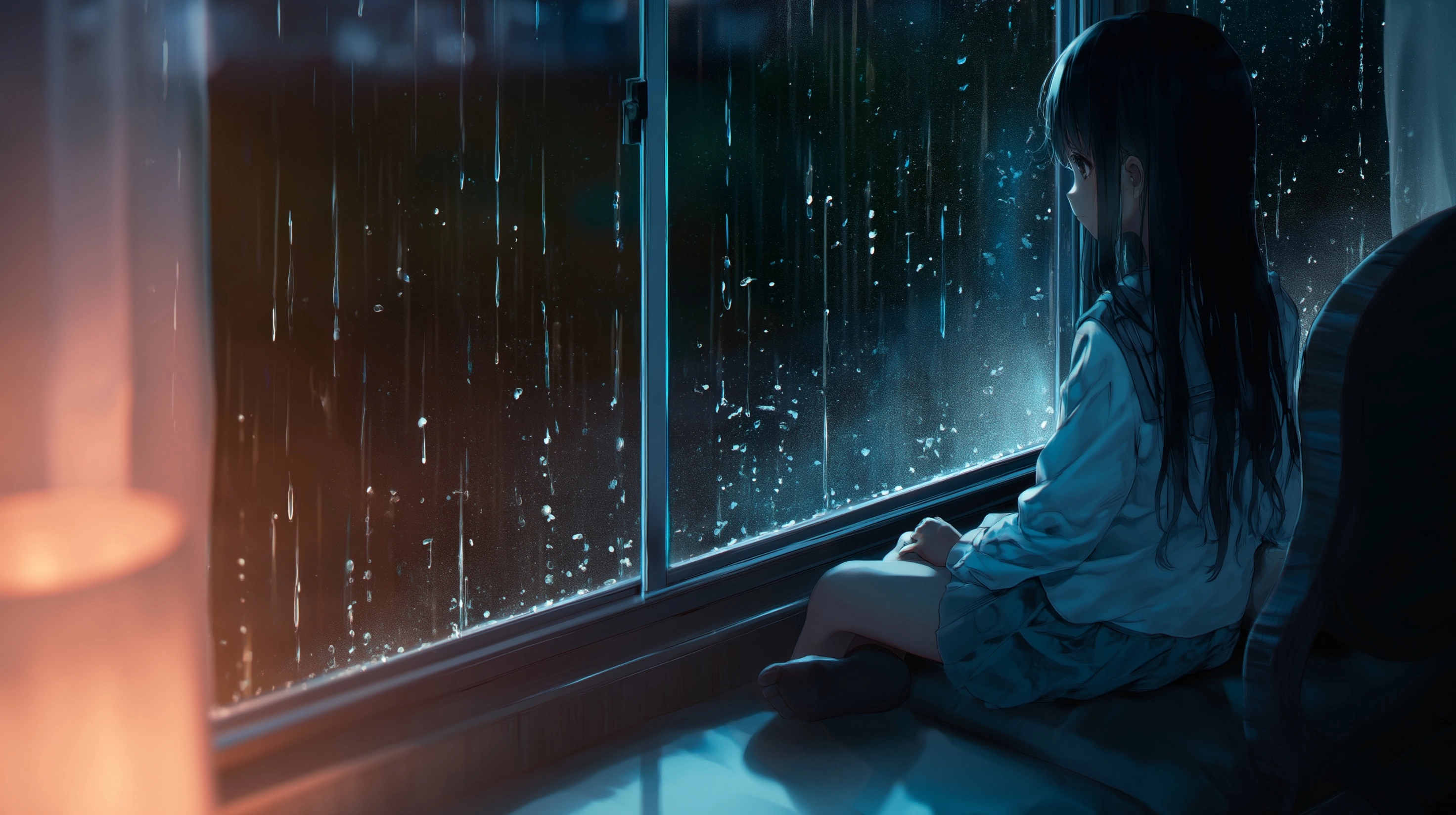 Anime-style girl sitting inside a cozy room at night, looking out the window