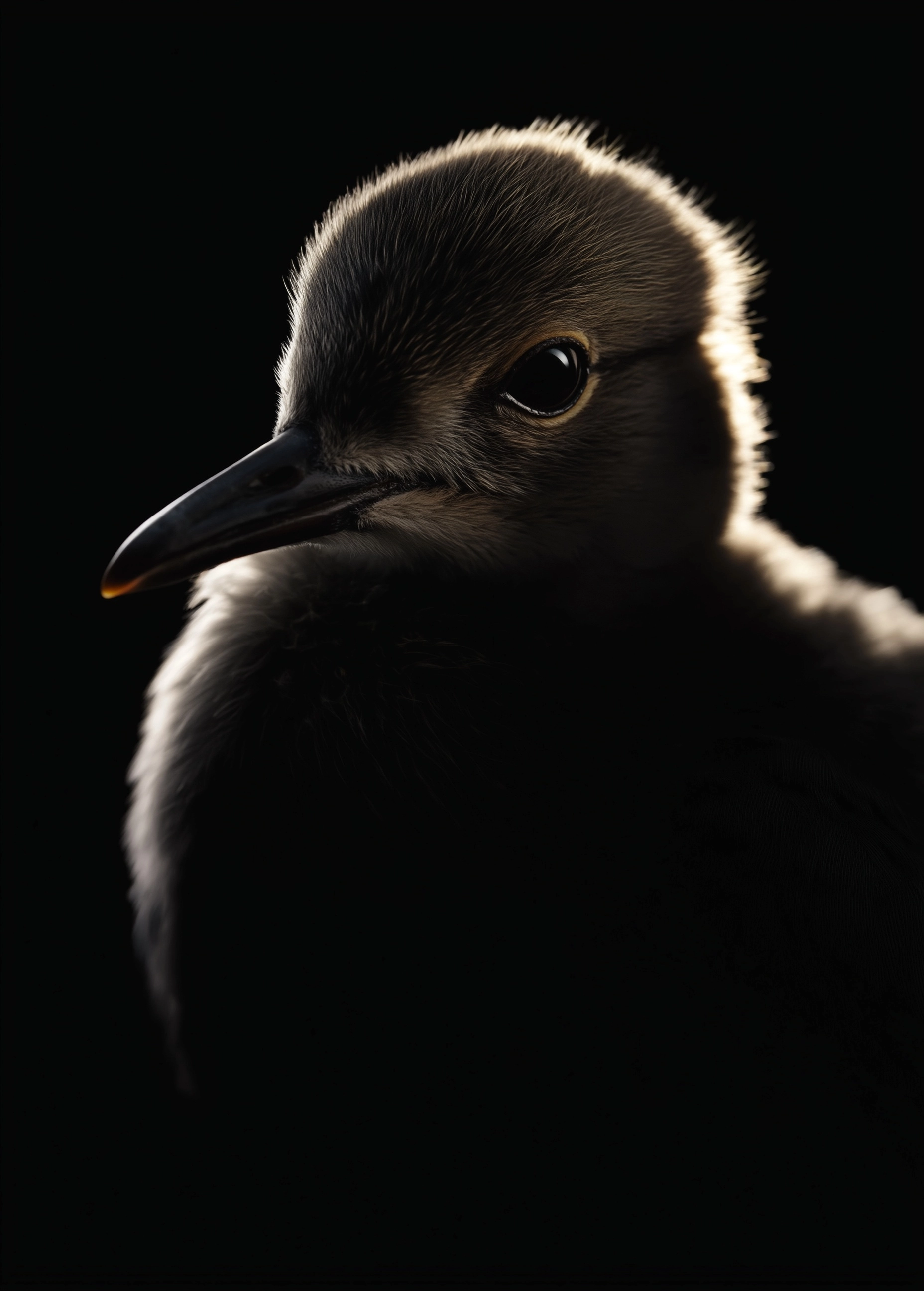Extreme close-up of a birds's face, black background, edge light