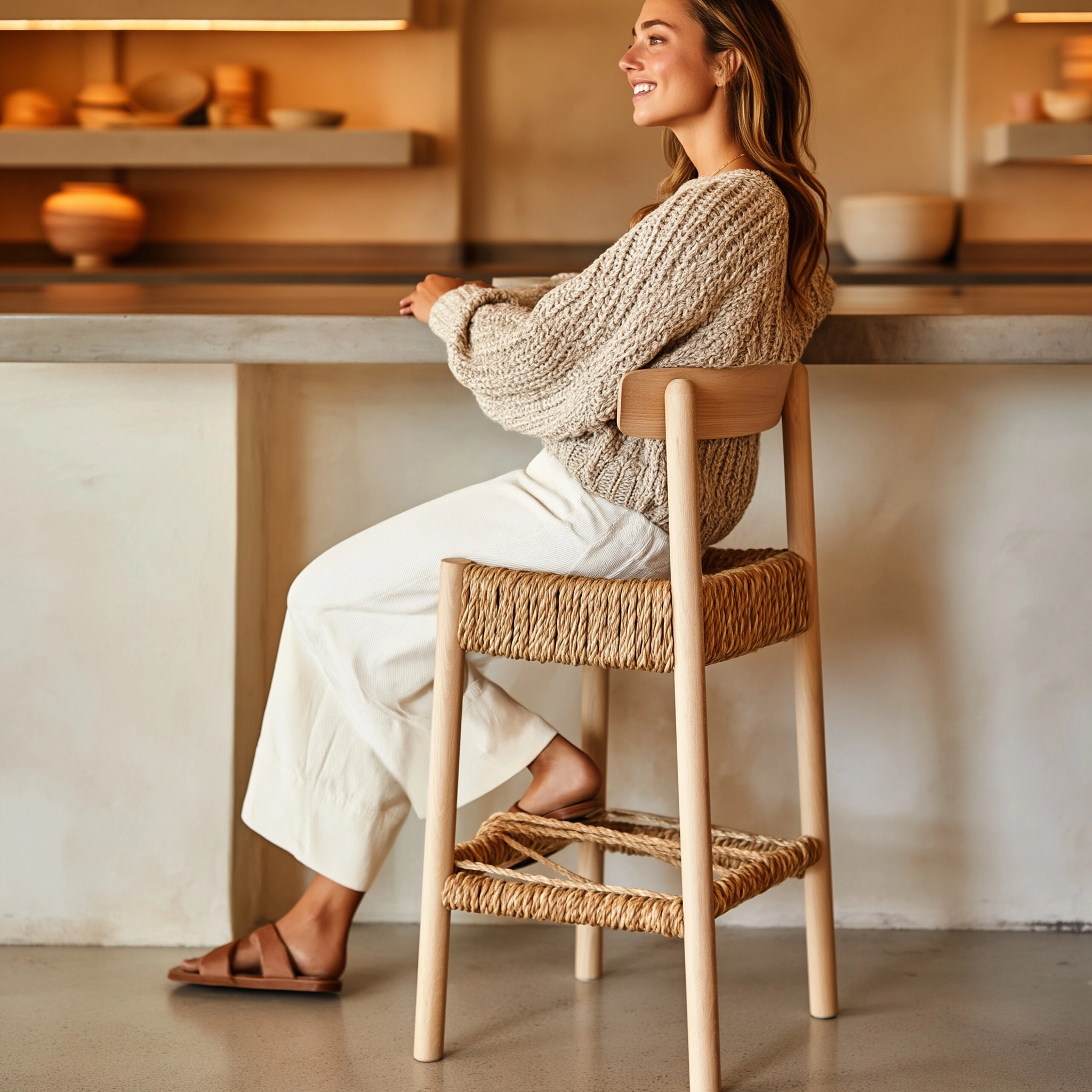 A candid, warm-toned photograph capturing a moment of relaxation. A person in cozy