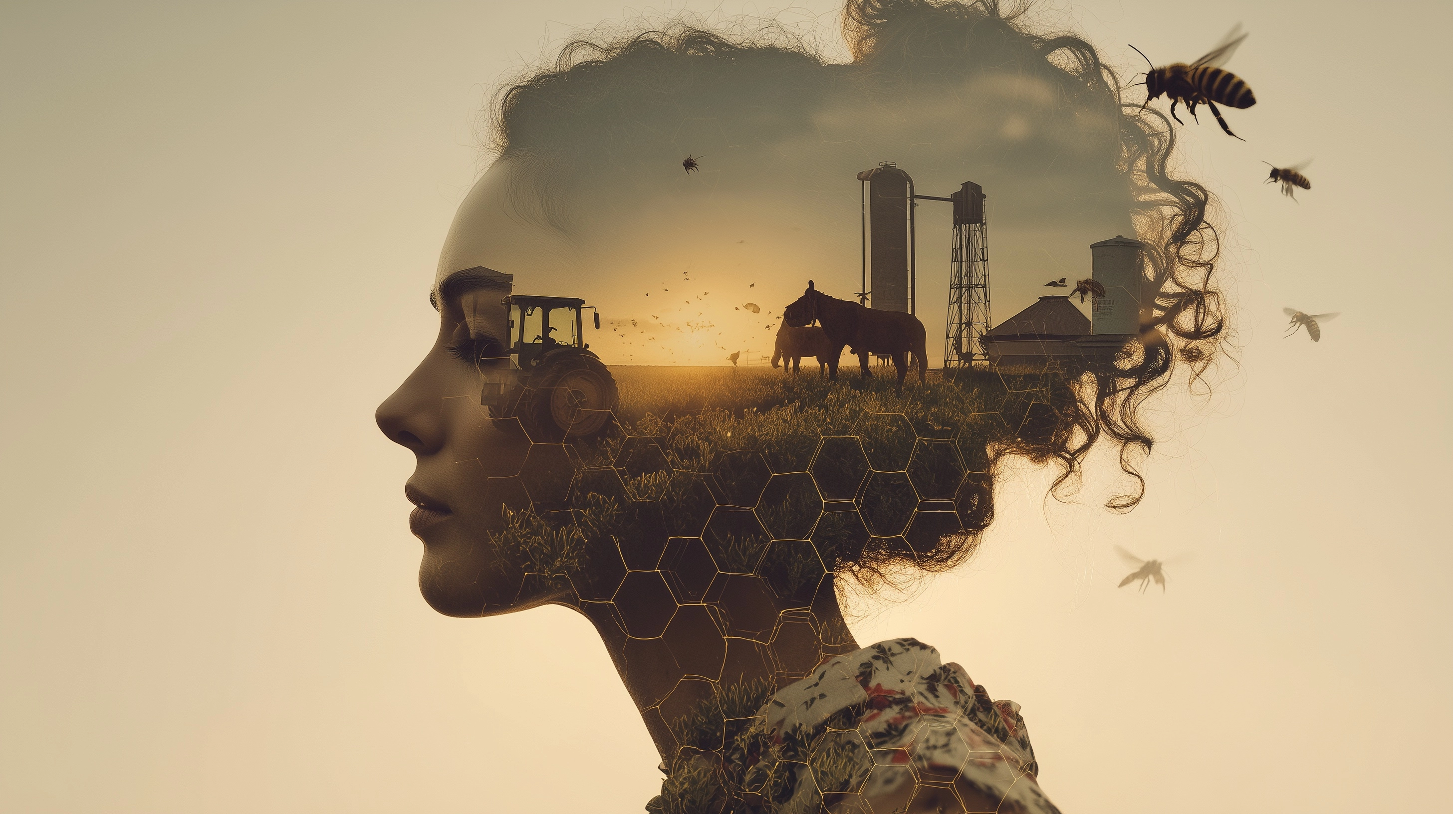 A cinematic double exposure of a latin woman in profile