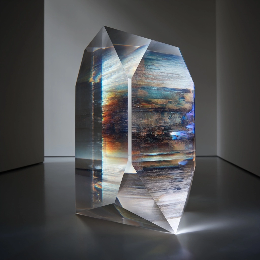 A close-up of a large, monolithic, faceted block of polished transparent resin standing in a minimal