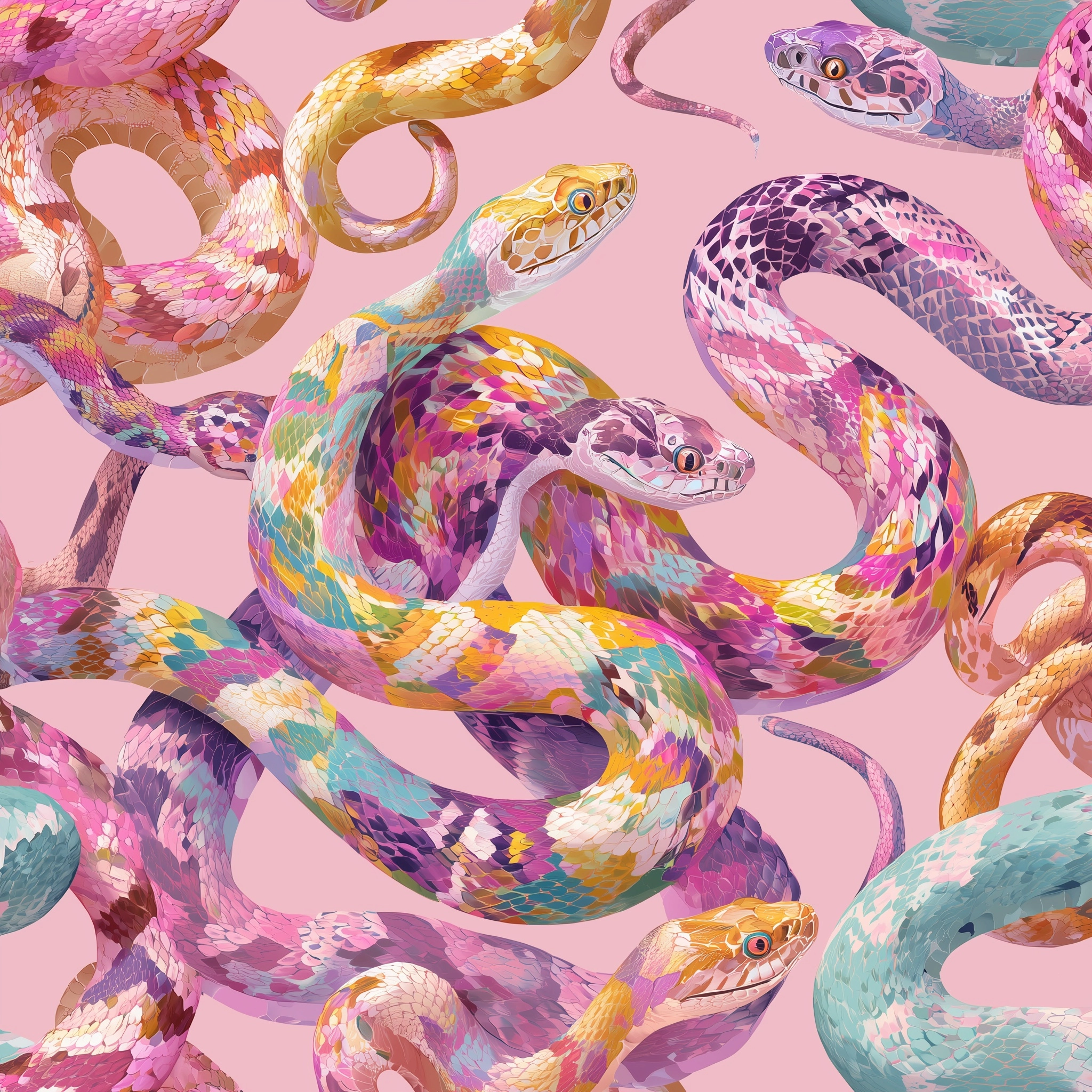 A cute pastel snake print with colorful snakes on a pink background