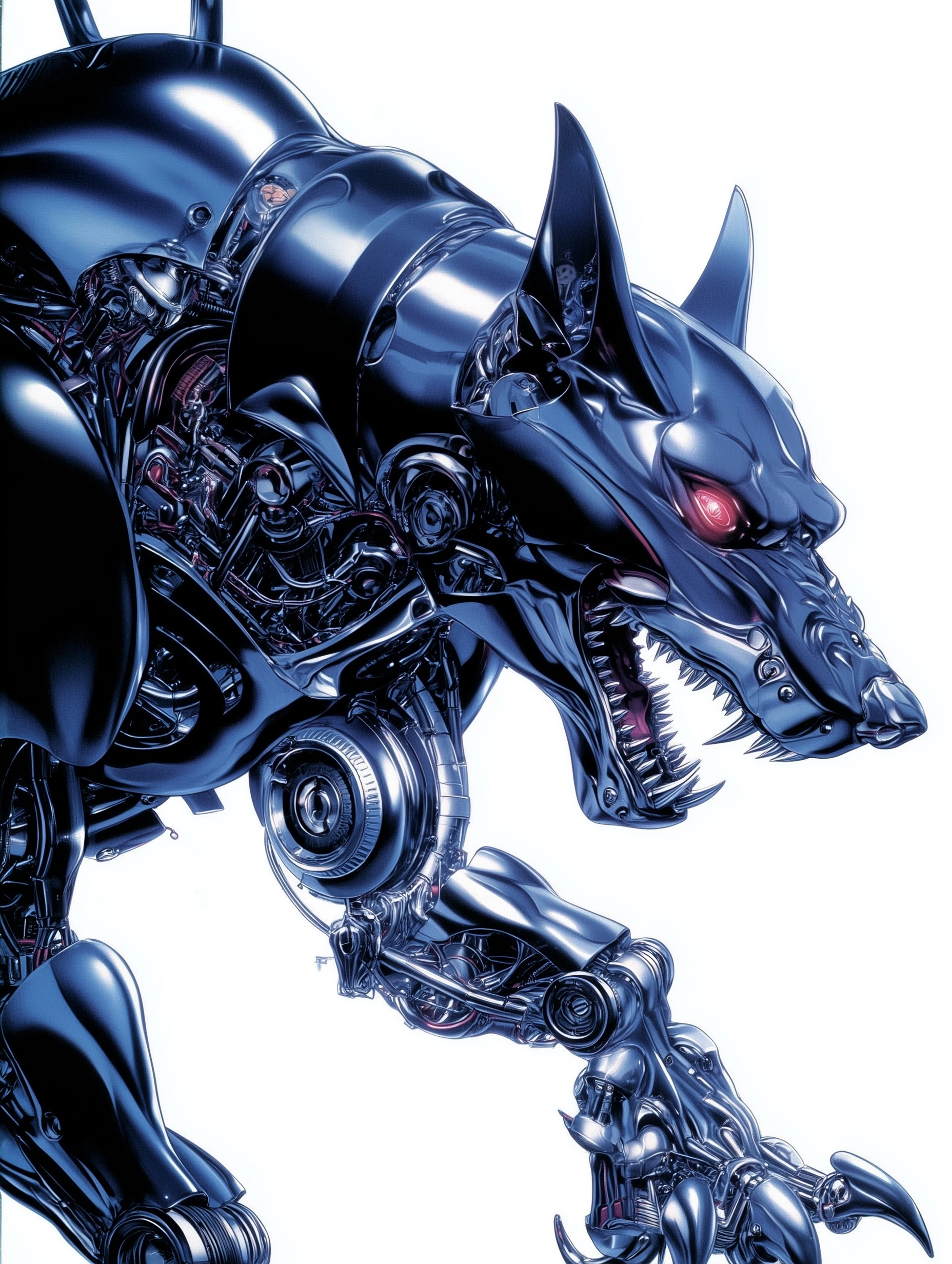 A photorealistic full-body profile portrait of a fearsome mechanical metal wolf-dog