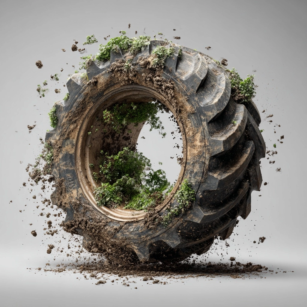 A tractor tire with Crops and Vegetation and dirt inside, spinning around