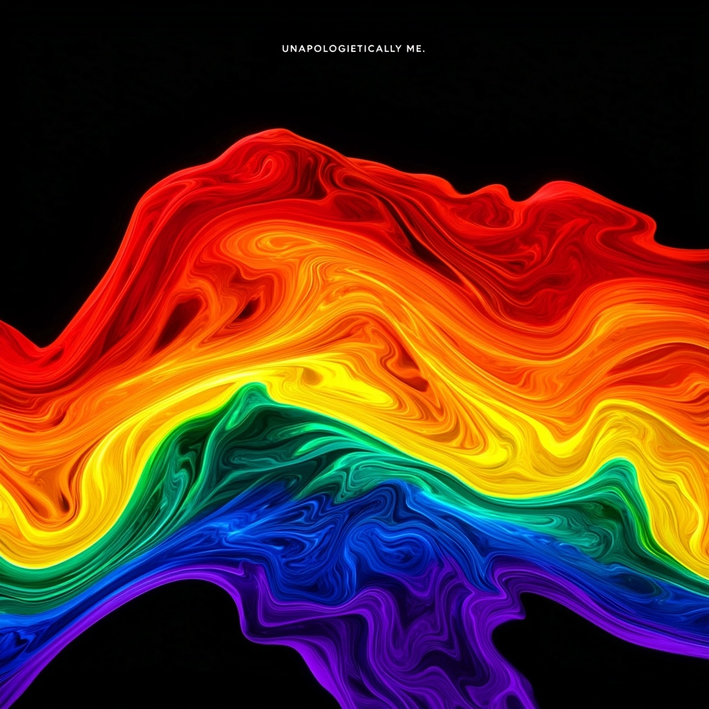 Abstract, fluid, glowing liquid streams of full Pride flag colors (rainbow gradient: red, orange