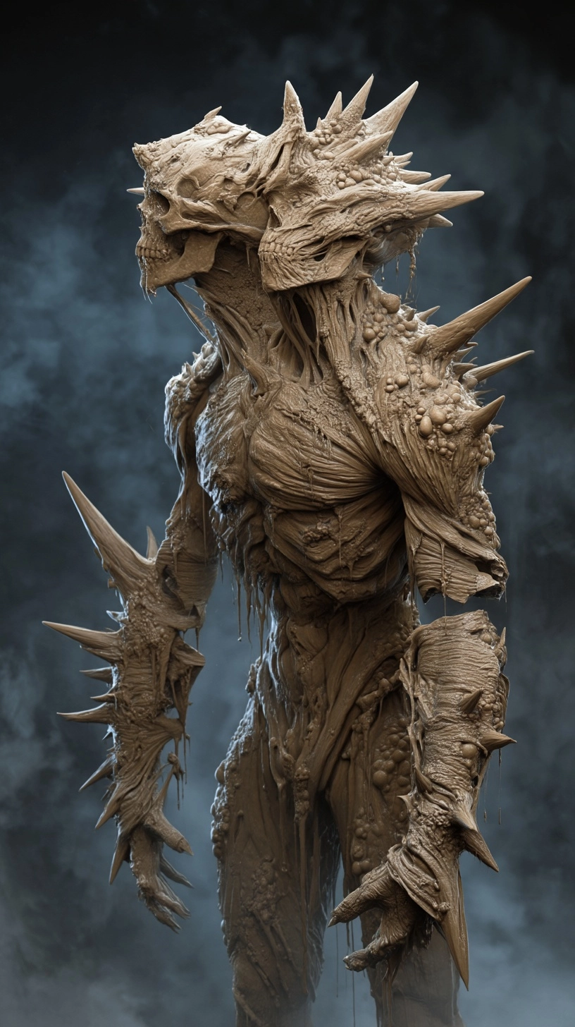 An ancient two headed humanoid creature, its skull formation can be seen beneath the old decaying sk
