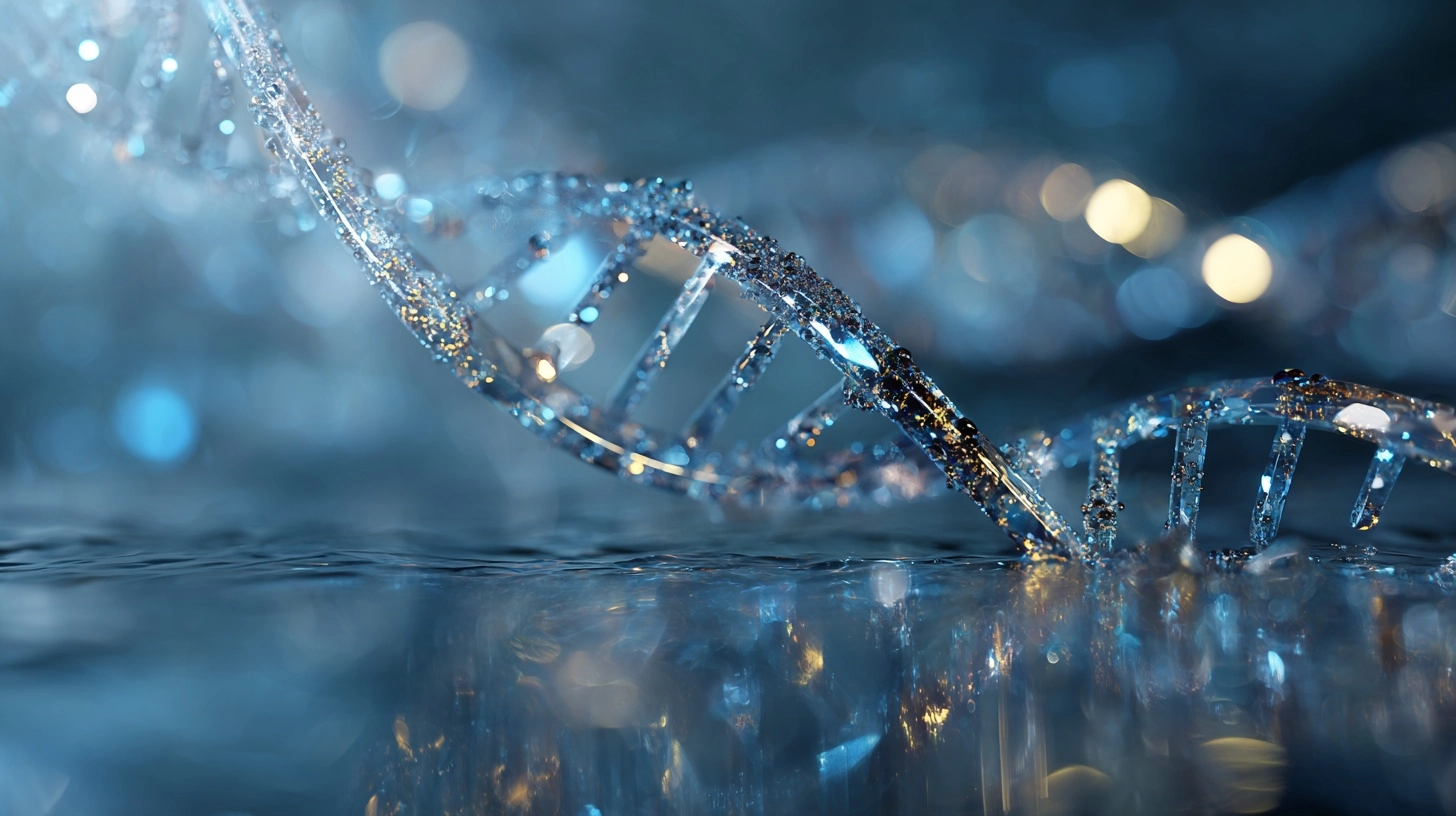 Artistic impression of a dna double helix in a futuristic tron style graphic, diamond and gold