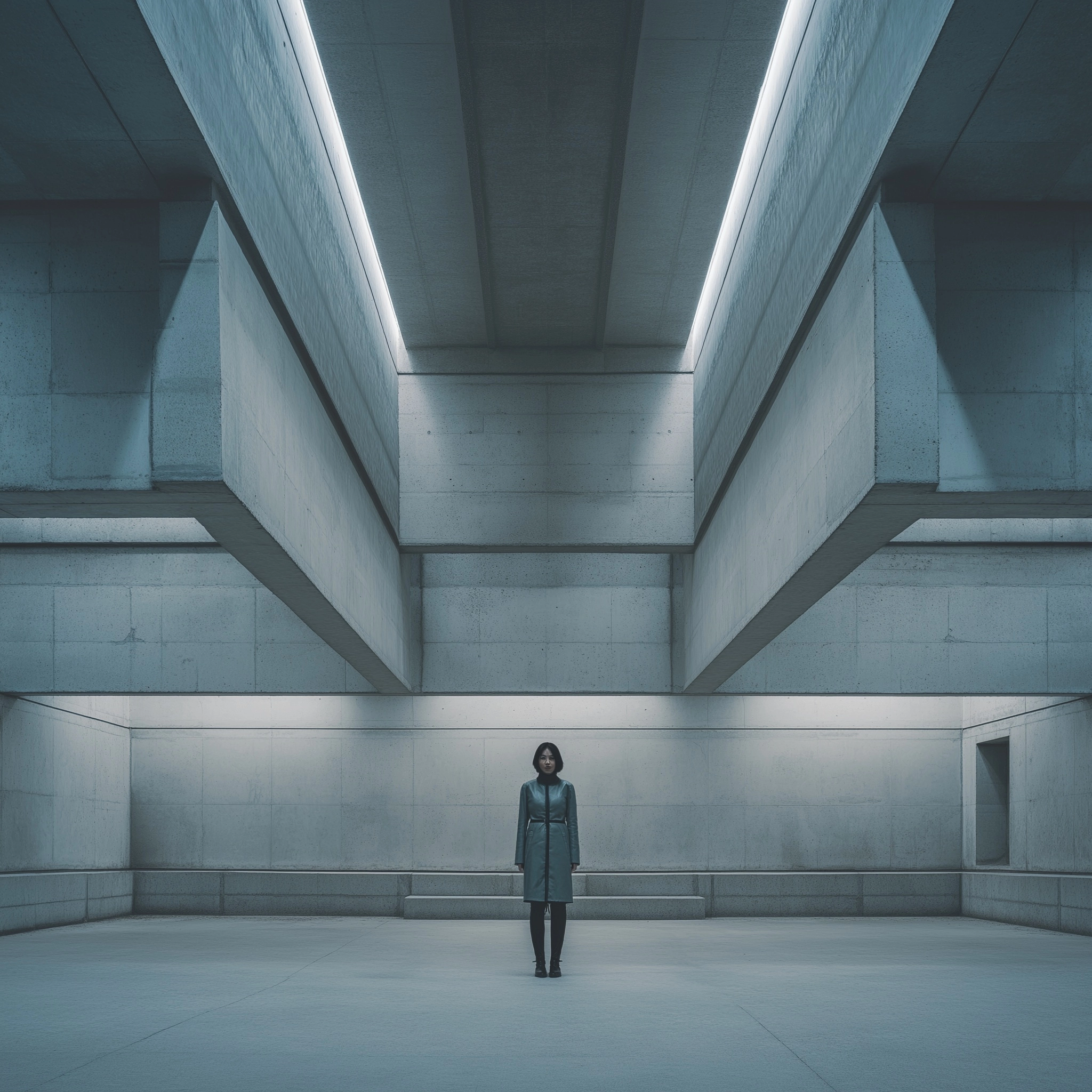 Minimalist brutalist cover art, central female subject wearing structured harness as abstract system