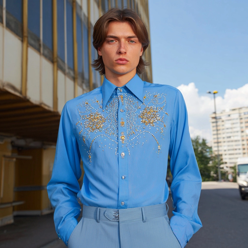 Blue shirt 70s style with crystal embroidery on the chest