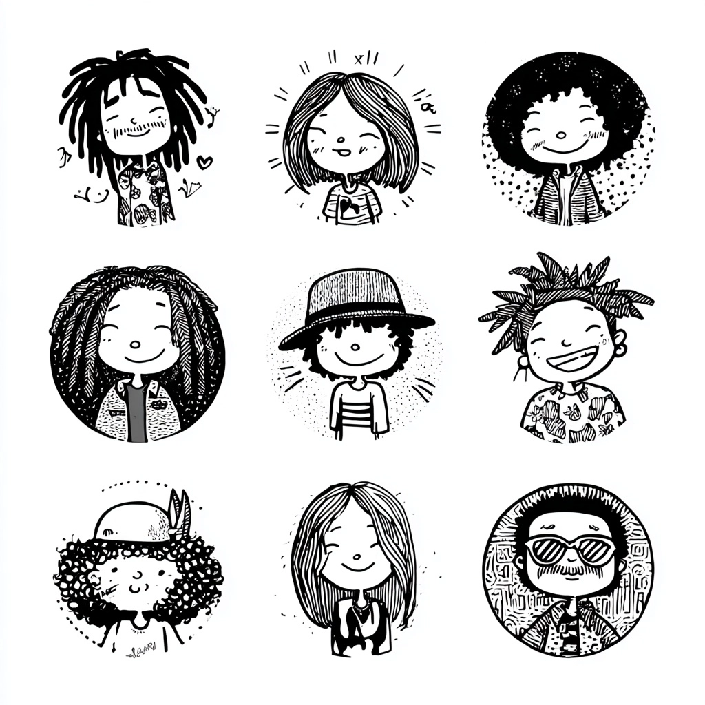Bob Marley hand drawn doodles + line art + simple dainty+ round + cute + kawaii