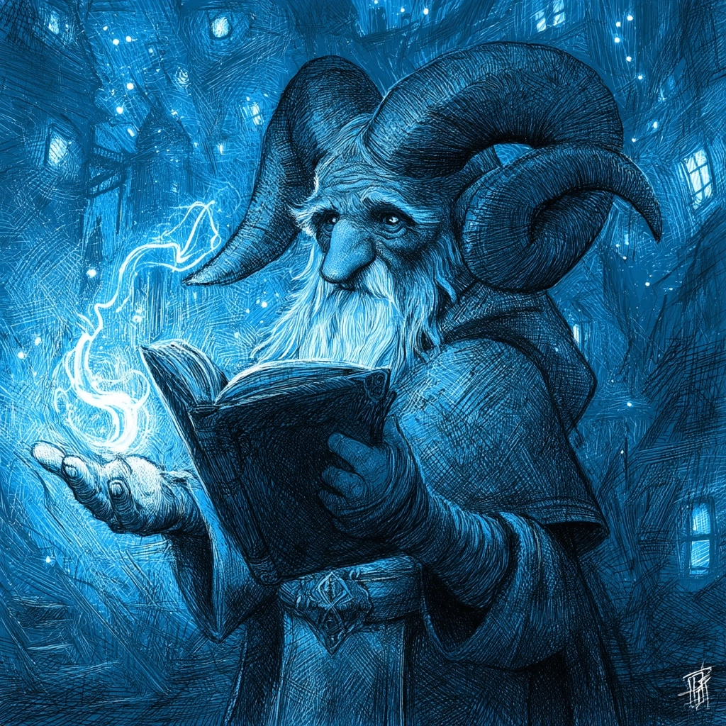 Close, portrait of an gnome cleric of the fear in urban horror in town, ram horns, halloween