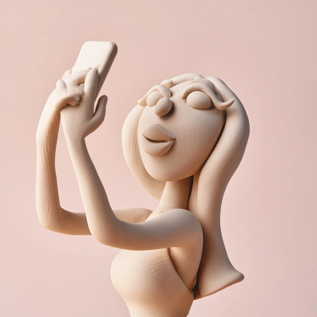 Close-up medium shot of a female influencer blogger made of plasticine