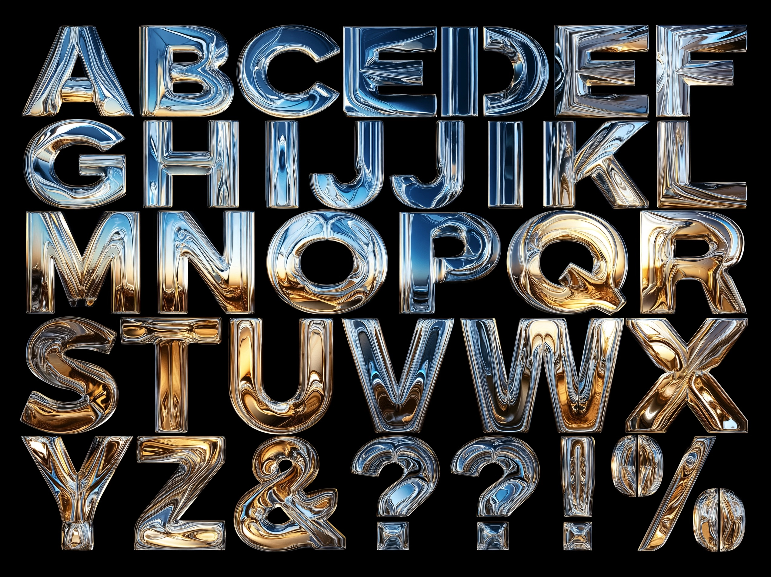 Complete alphabet sheet: "ABCDEF", "GHIJKL", "MNOPQR", "STUVWX", "YZ&?!%"