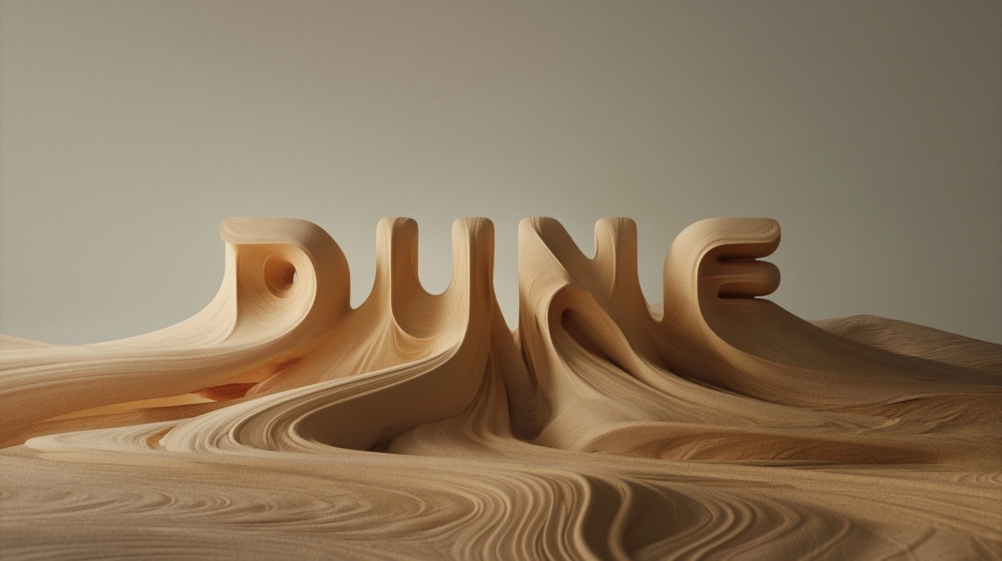 A bold typographic poster where the word "Dune" is formed entirely from flowing sand shapes