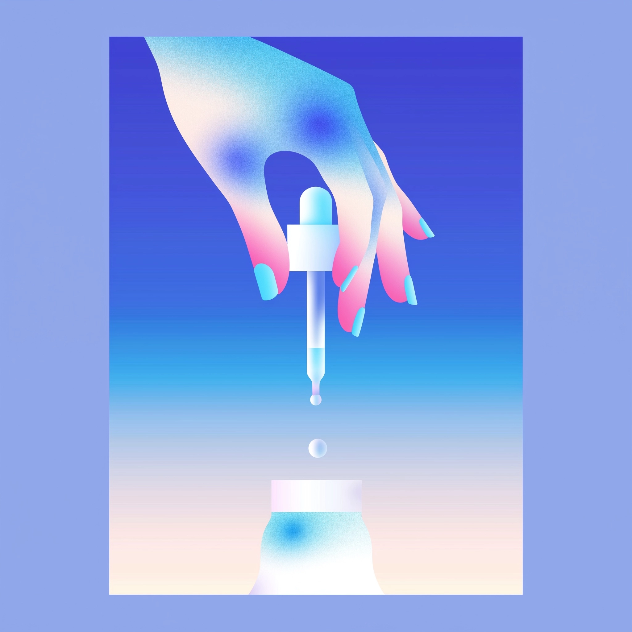 Create an illustration of a hand holding down a dropper , gradient grainy colors in blue and beige