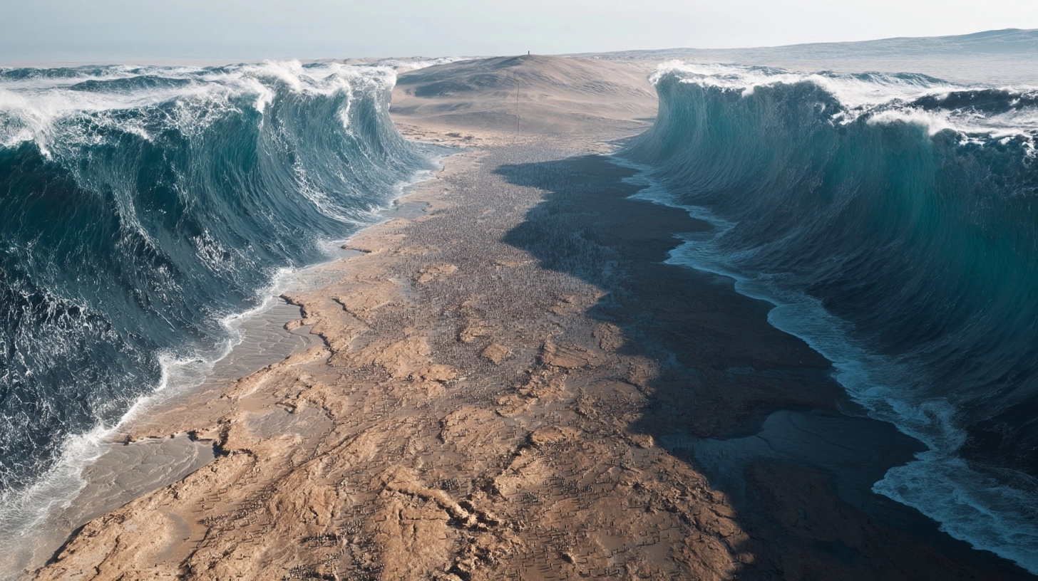 Epic, dramatic wide shot of millions of tiny Israelites crossing the dry Red Sea