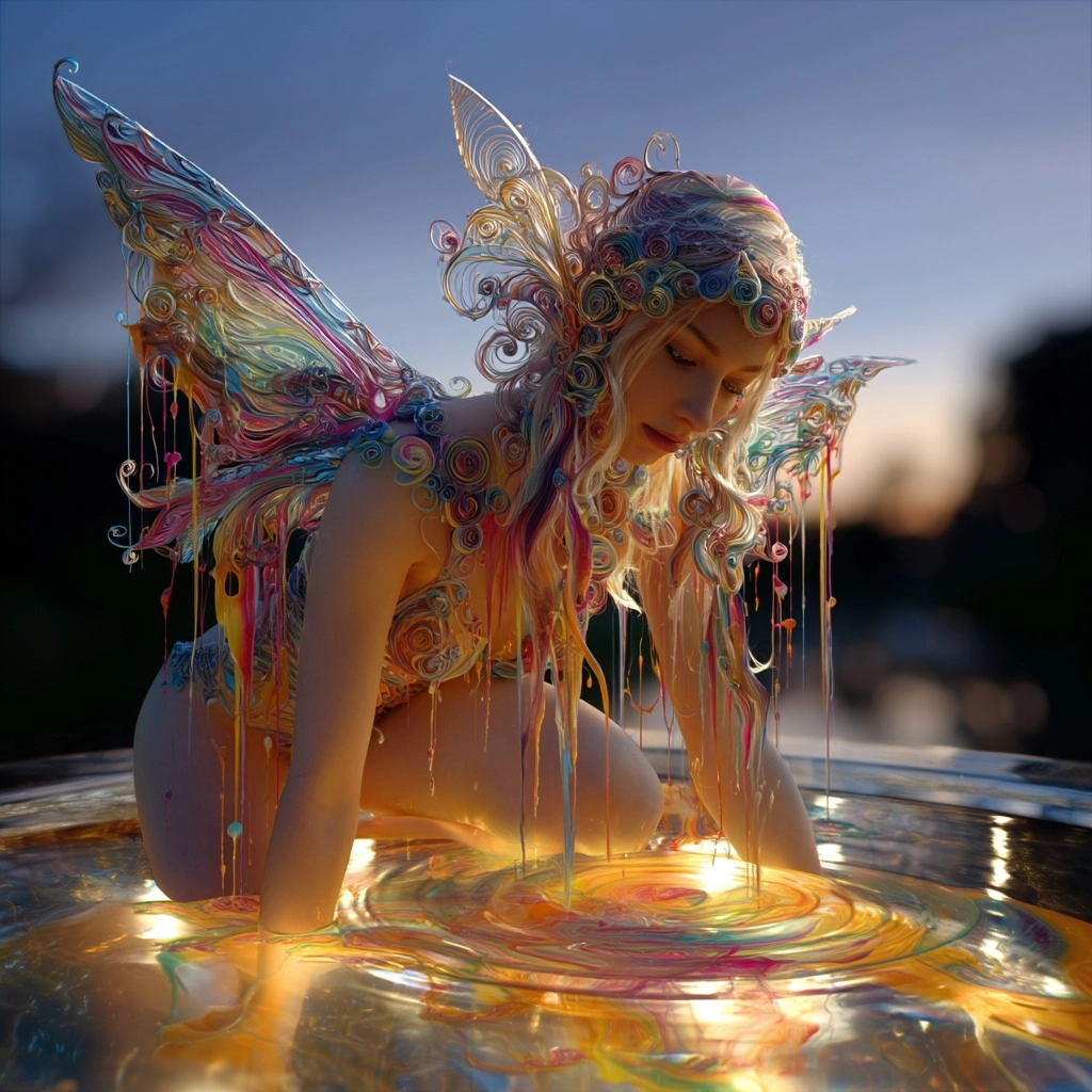 Full body fairy woman kneeling beside a glowing reflective pool