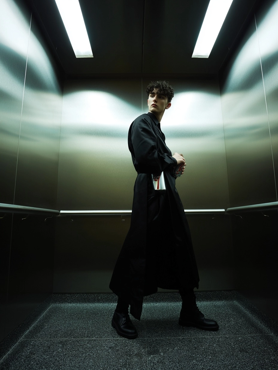 High fashion editorial photograph, androgynous model inside a sterile stainless steel elevator