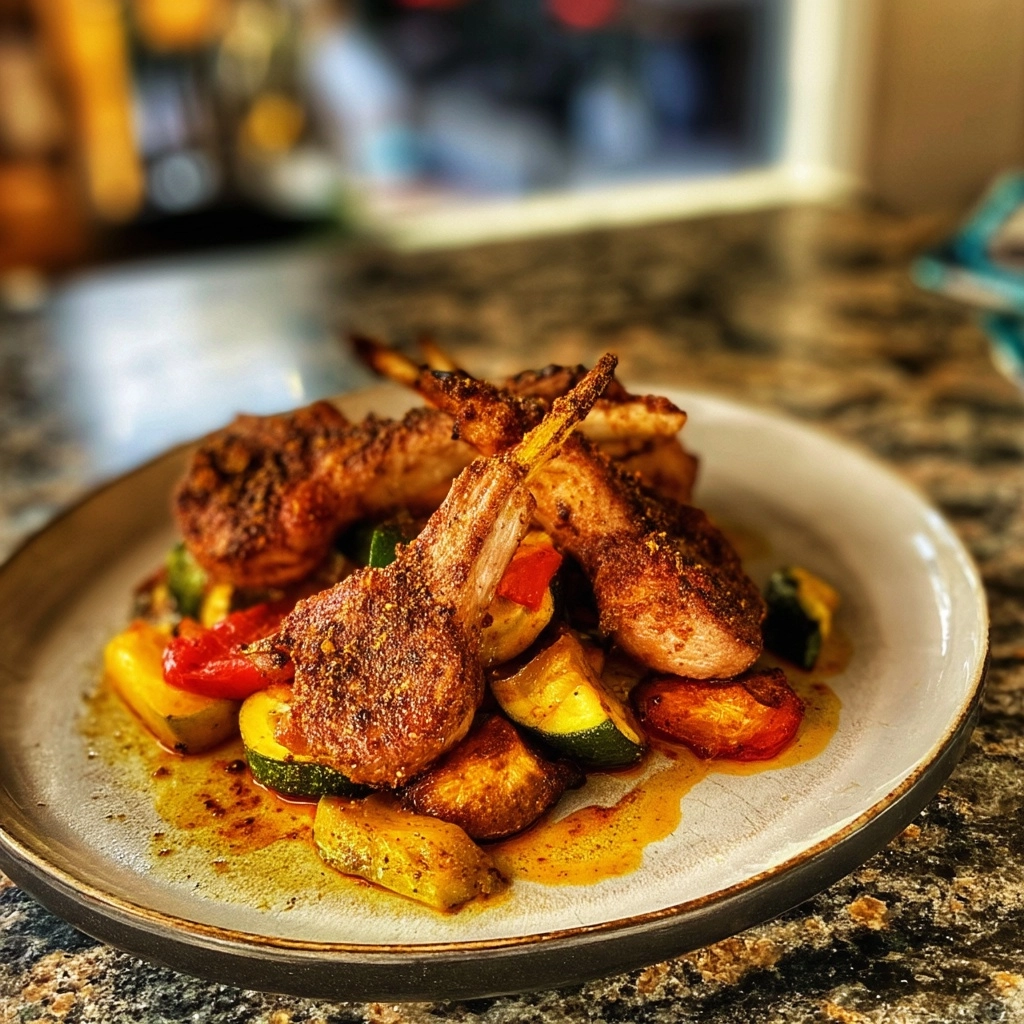 Lamb chops with ras el hanout spices and roasted vegetables, home setting, phone camera shot