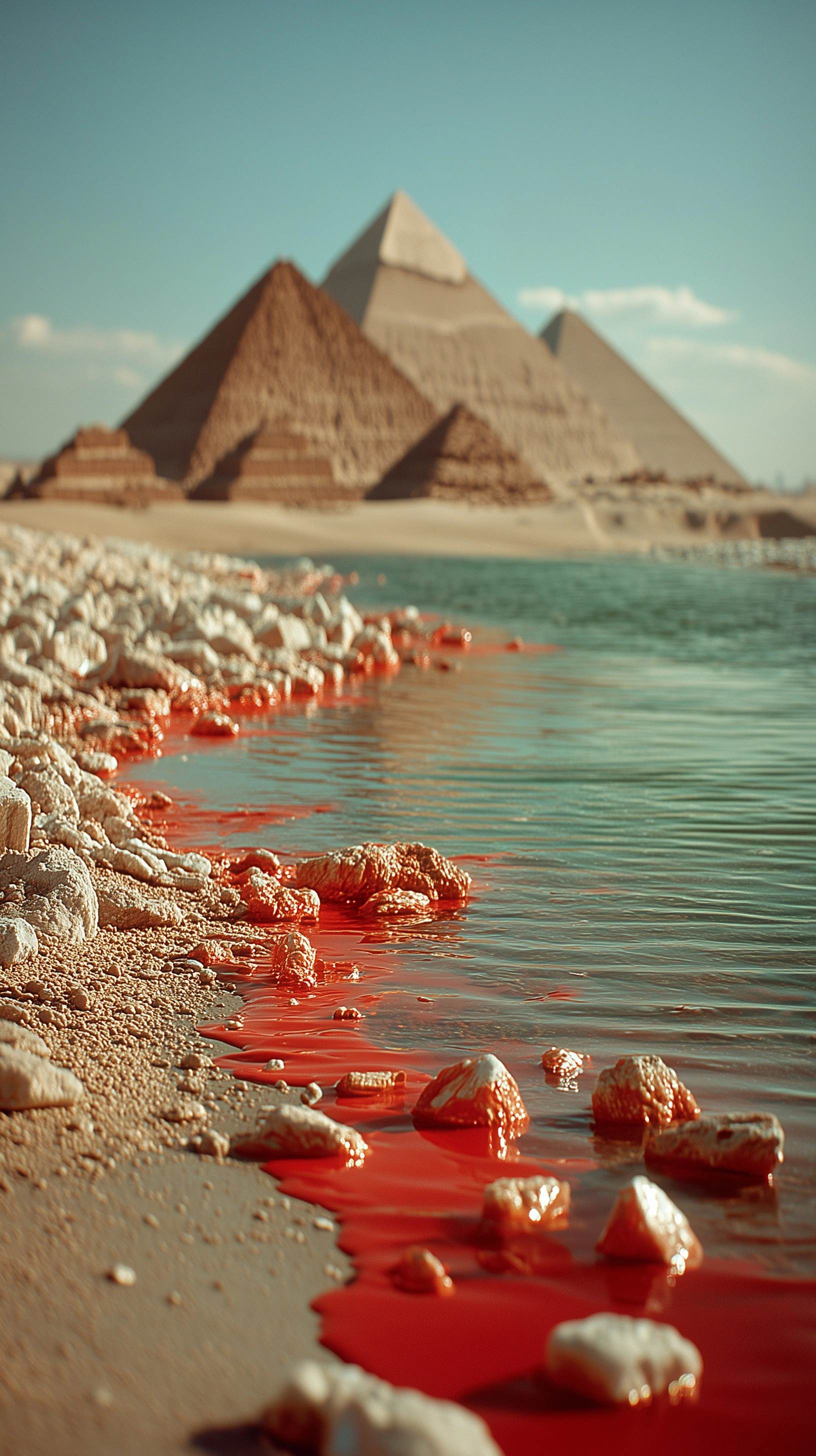 : a red river of blood between sands in desert, Egyptian Pyramids on the background