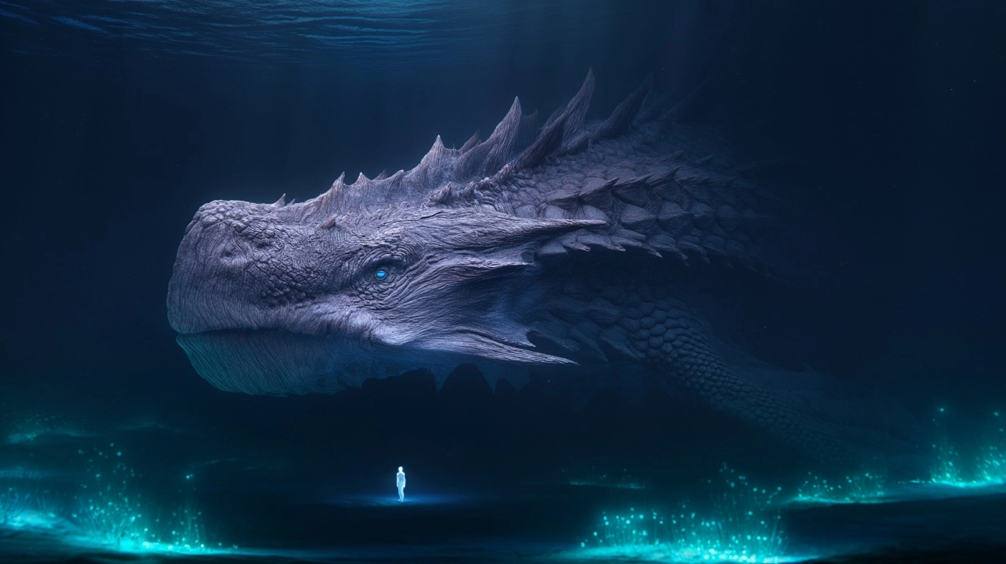 Massive ancient creature swimming in abyssal ocean depths beneath alien ice planet, no open air