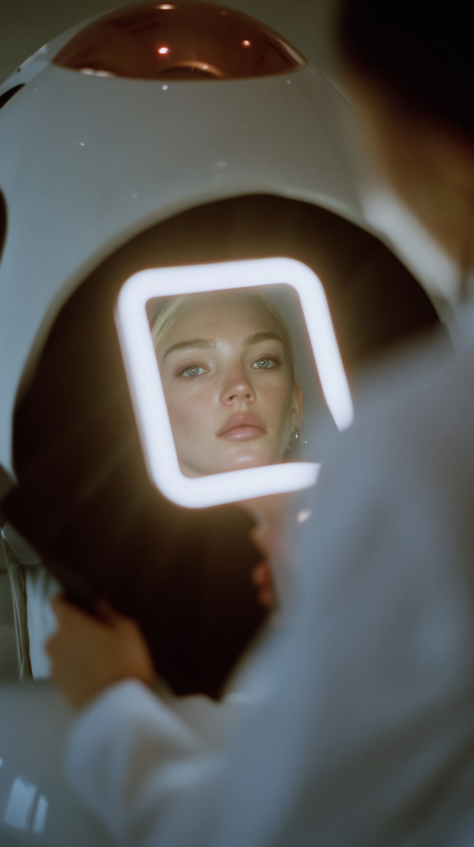 Photorealistic medium format film photo of a female client's face illuminated by a glowing square LE