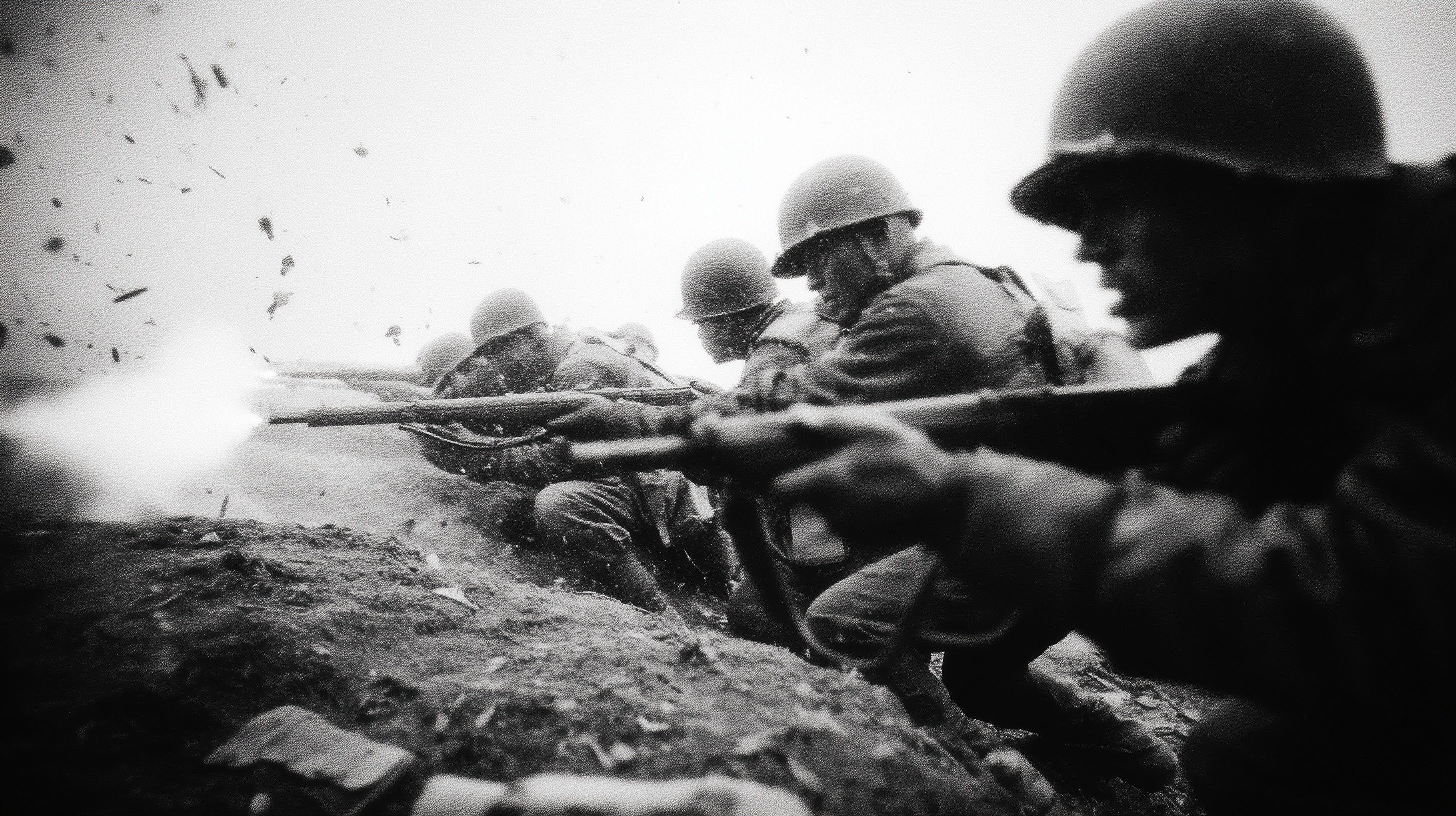 View of a line of american soldiers fighting in WW2, firing their guns, gritty