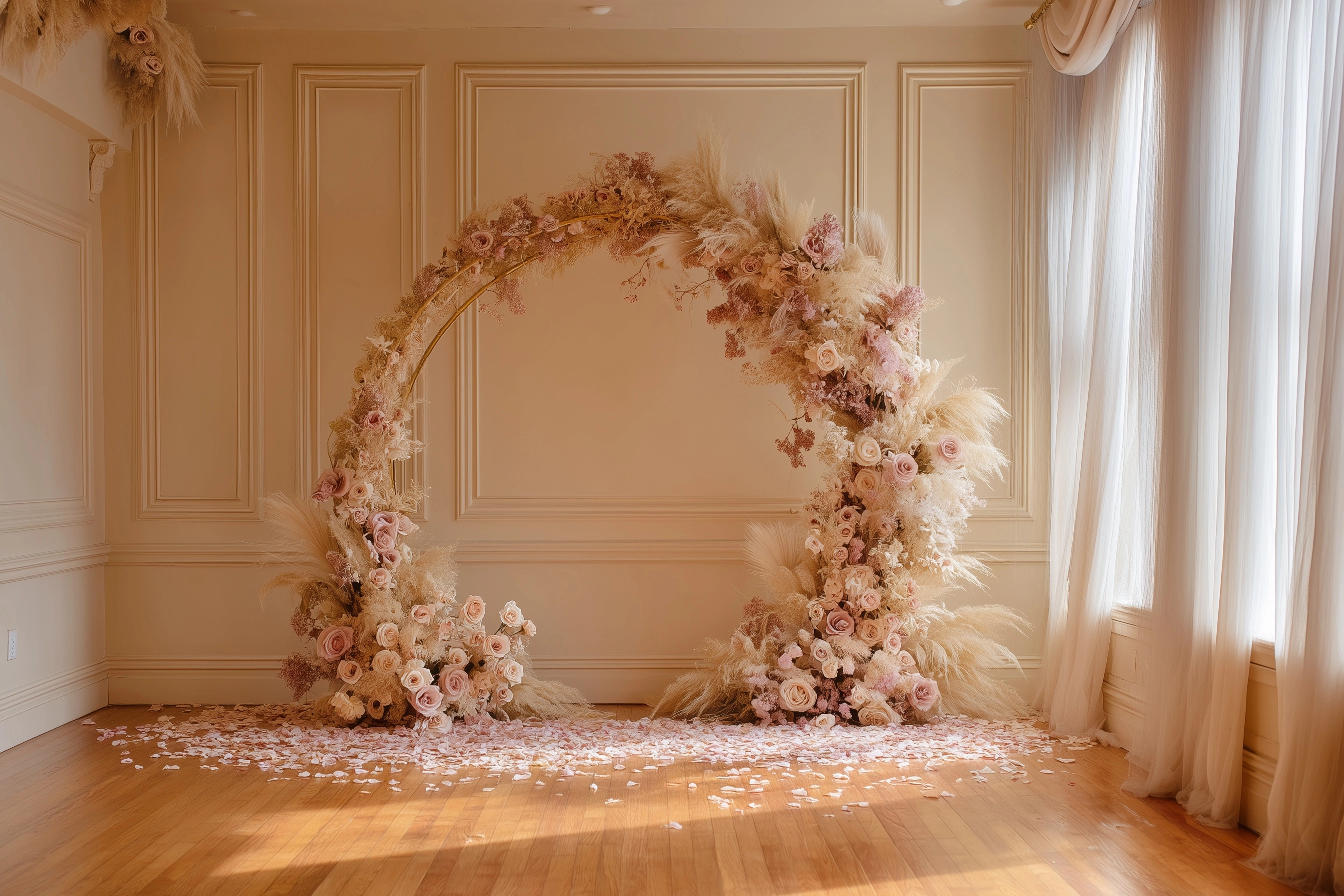 A circular golden floral arch, entirely adorned with dried flowers, pampas grass