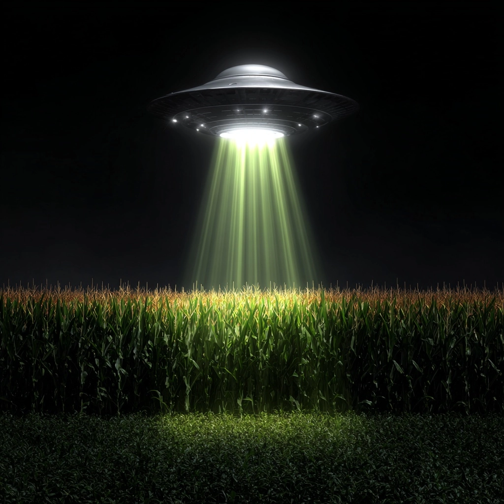 A silver flying saucer beaming a green light down onto a field of corn. The background is plain blac