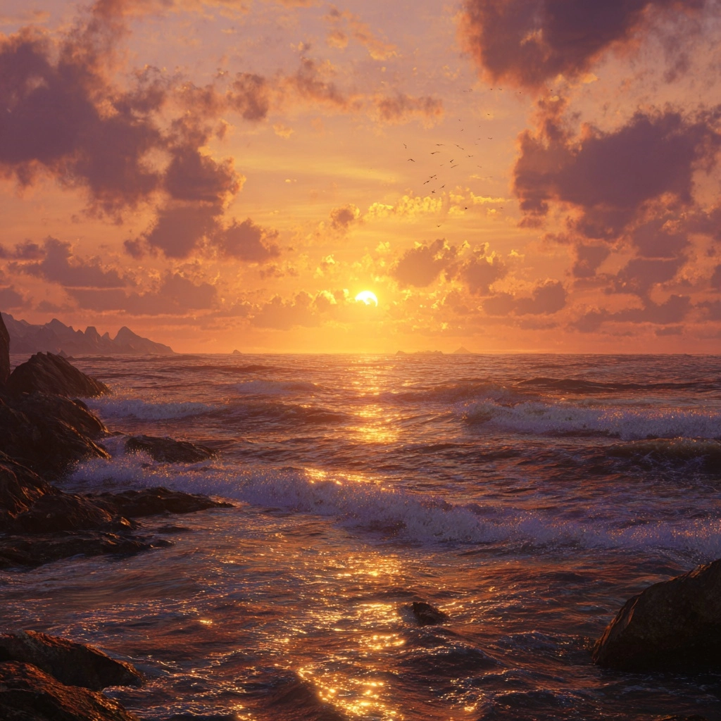Beautiful sunset over the ocean, realistic, 4k