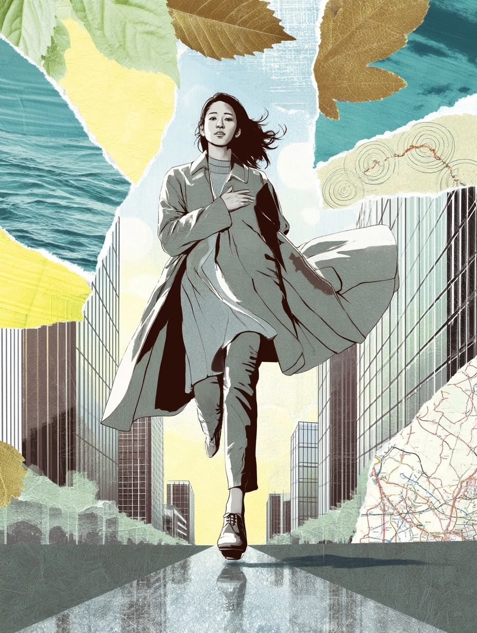 Collage-concept illustration, a stylish Japanese woman striding through a clean modern city with one