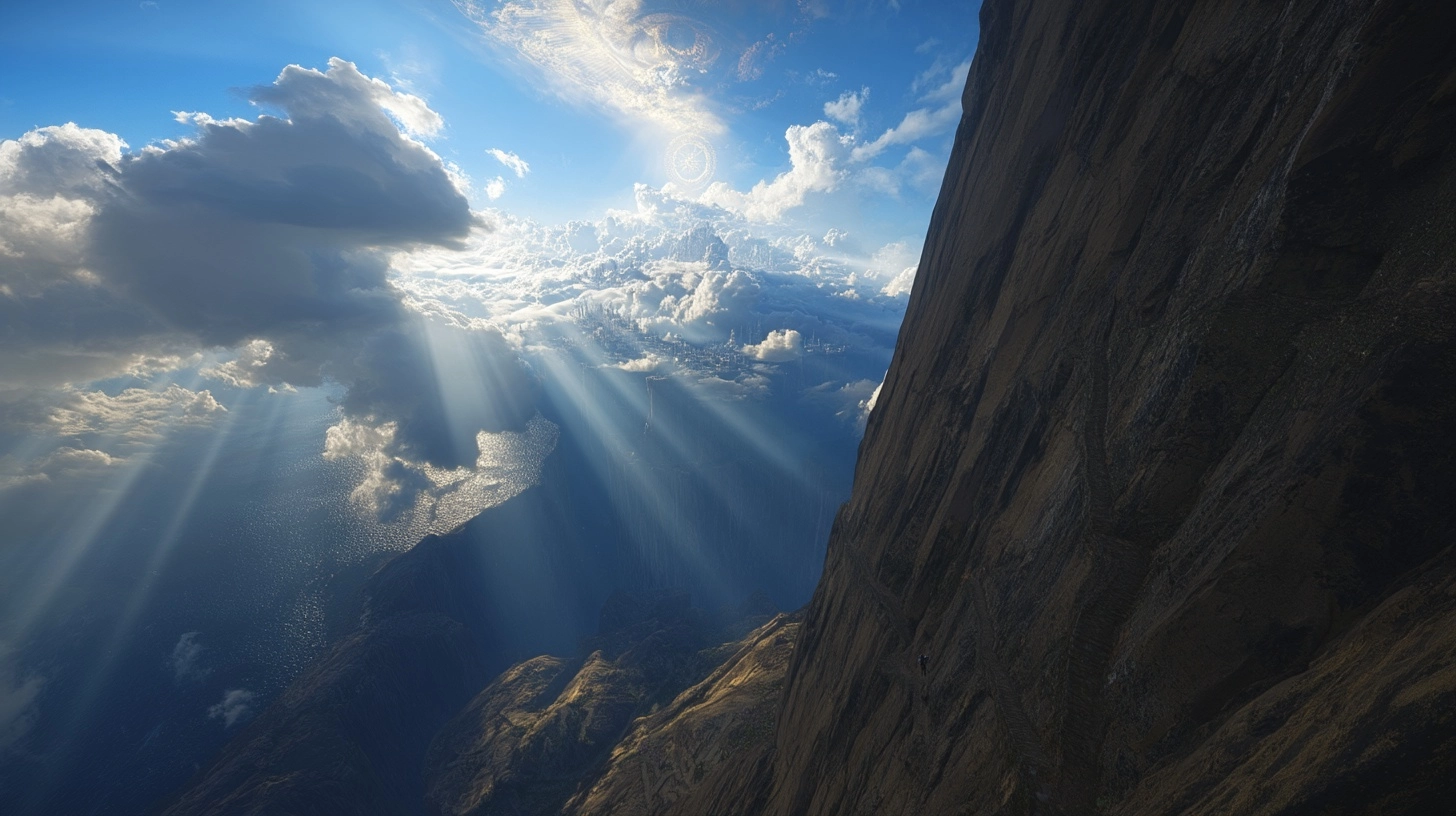 Epic divine pilgrimage, ultra wide cinematic shot, a lone pilgrim climbing a massive vertical cliff