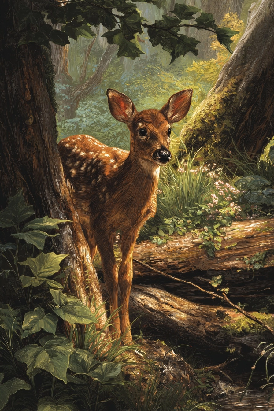 Woodland scene with a large realistic but cute, not babyish, deer, by a log, woodland background