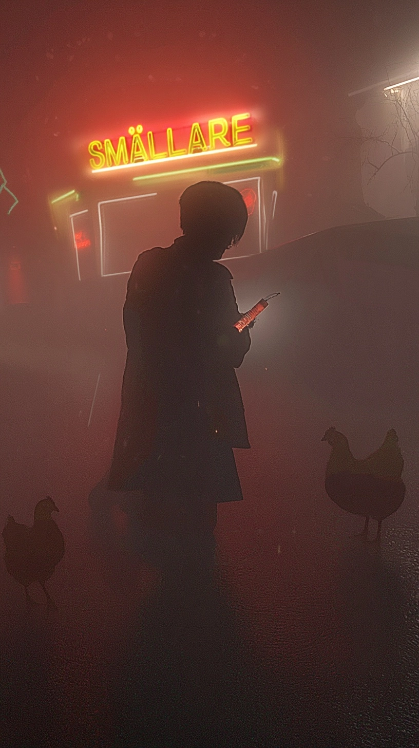 Happy chickenwoman on a cold rainy night using smal firecrackers