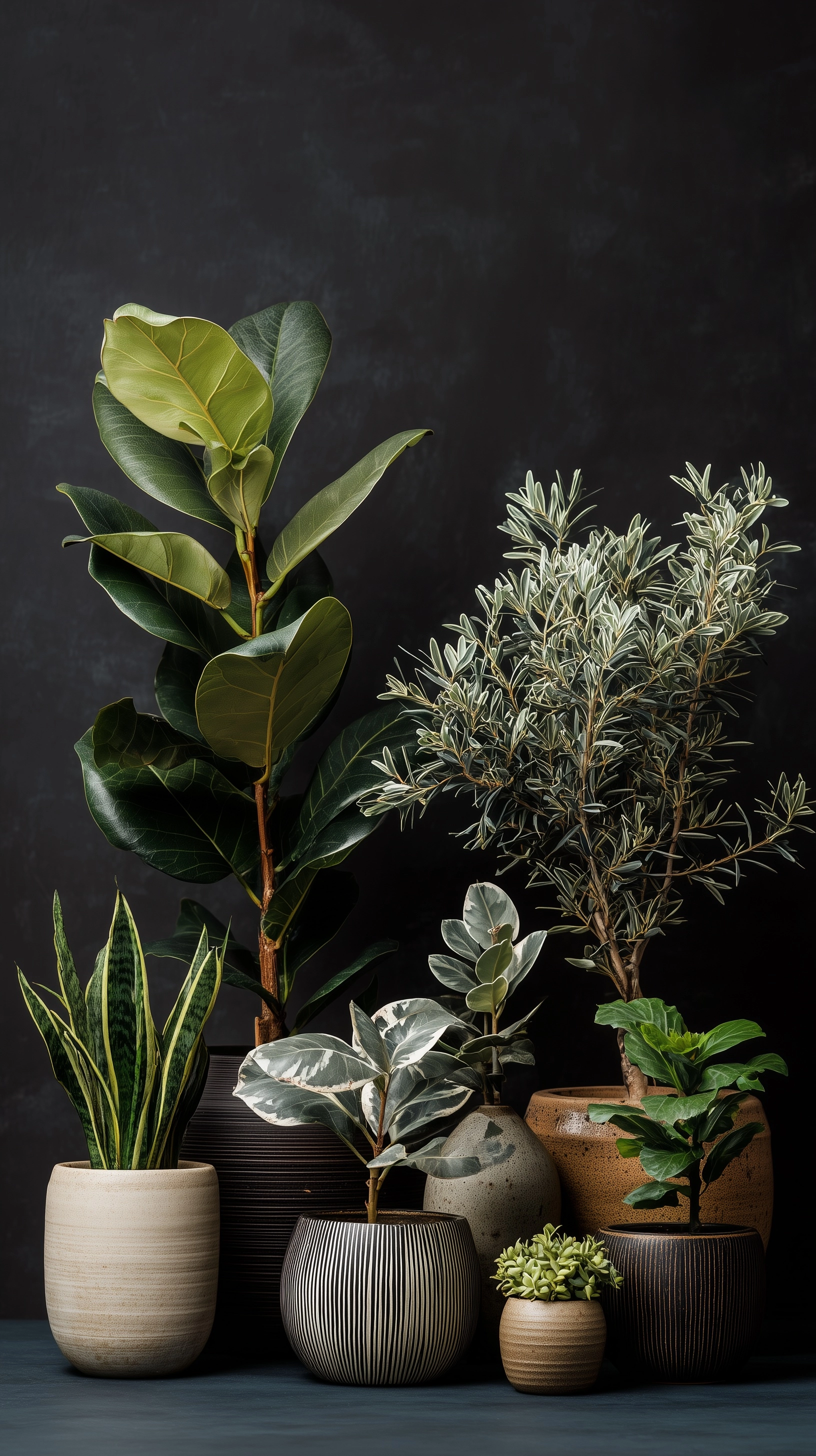Spring 2026 trending indoor plants flat lay moodboard, fiddle leaf fig olive tree palm eucalyptus
