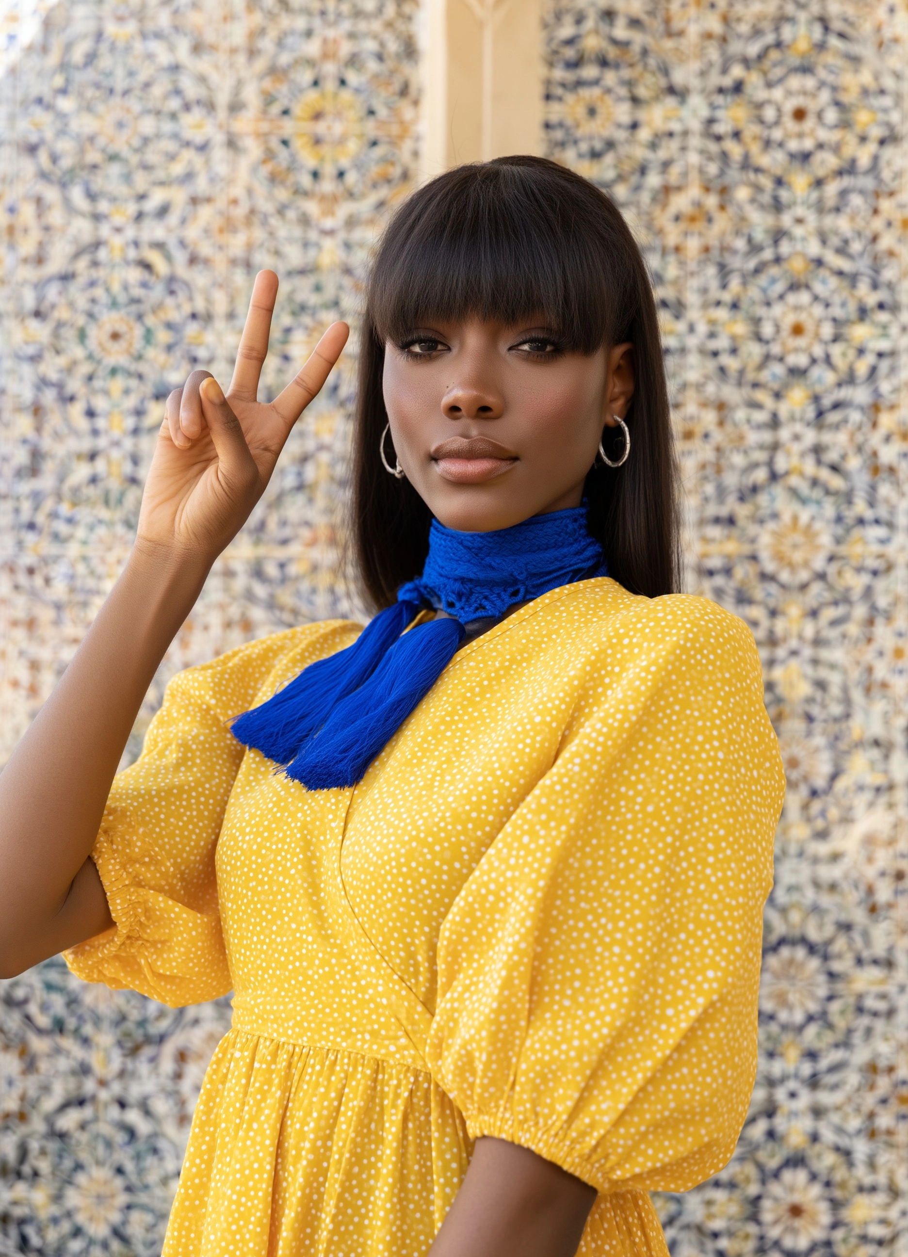 A photograph of an african american woman with long hair in bangs