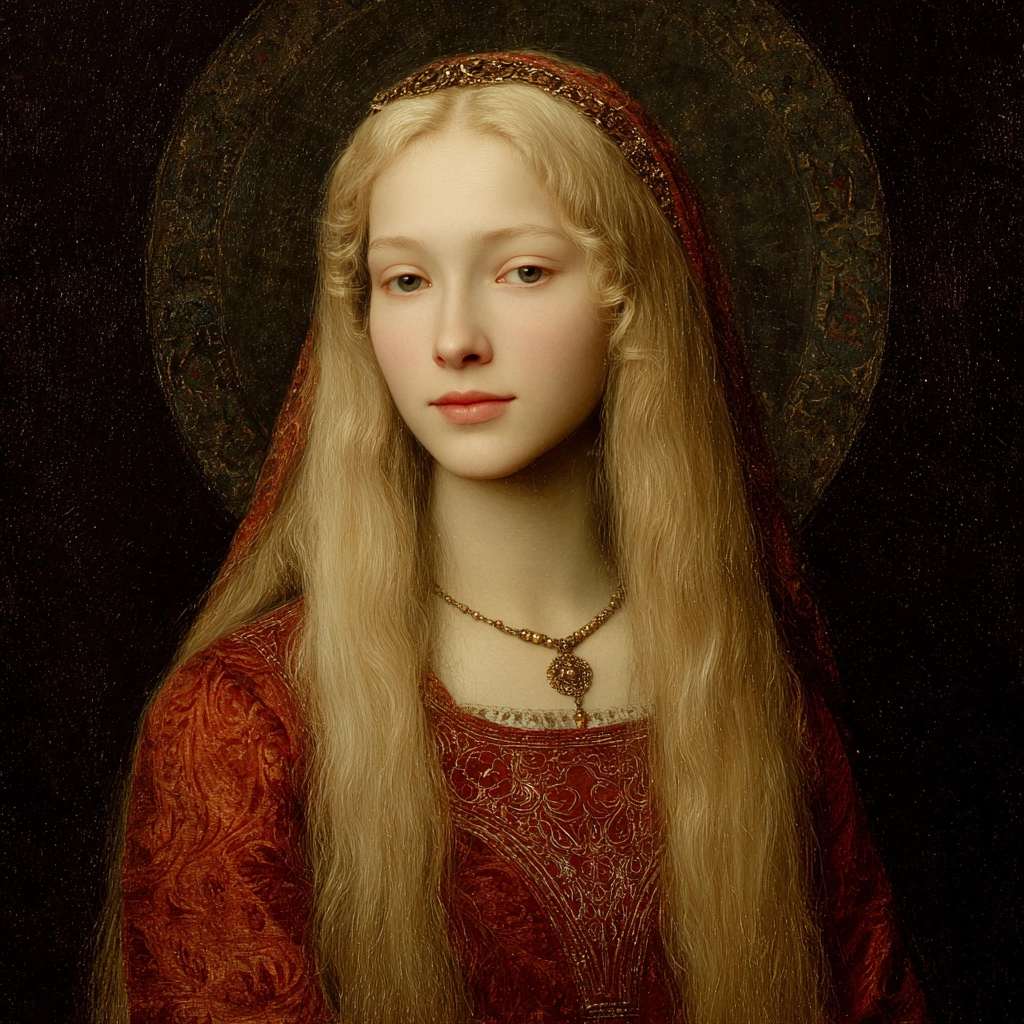 An 18-year-old woman with long blonde hair, dressed in red like a noblewoman in the Middle Ages; thi