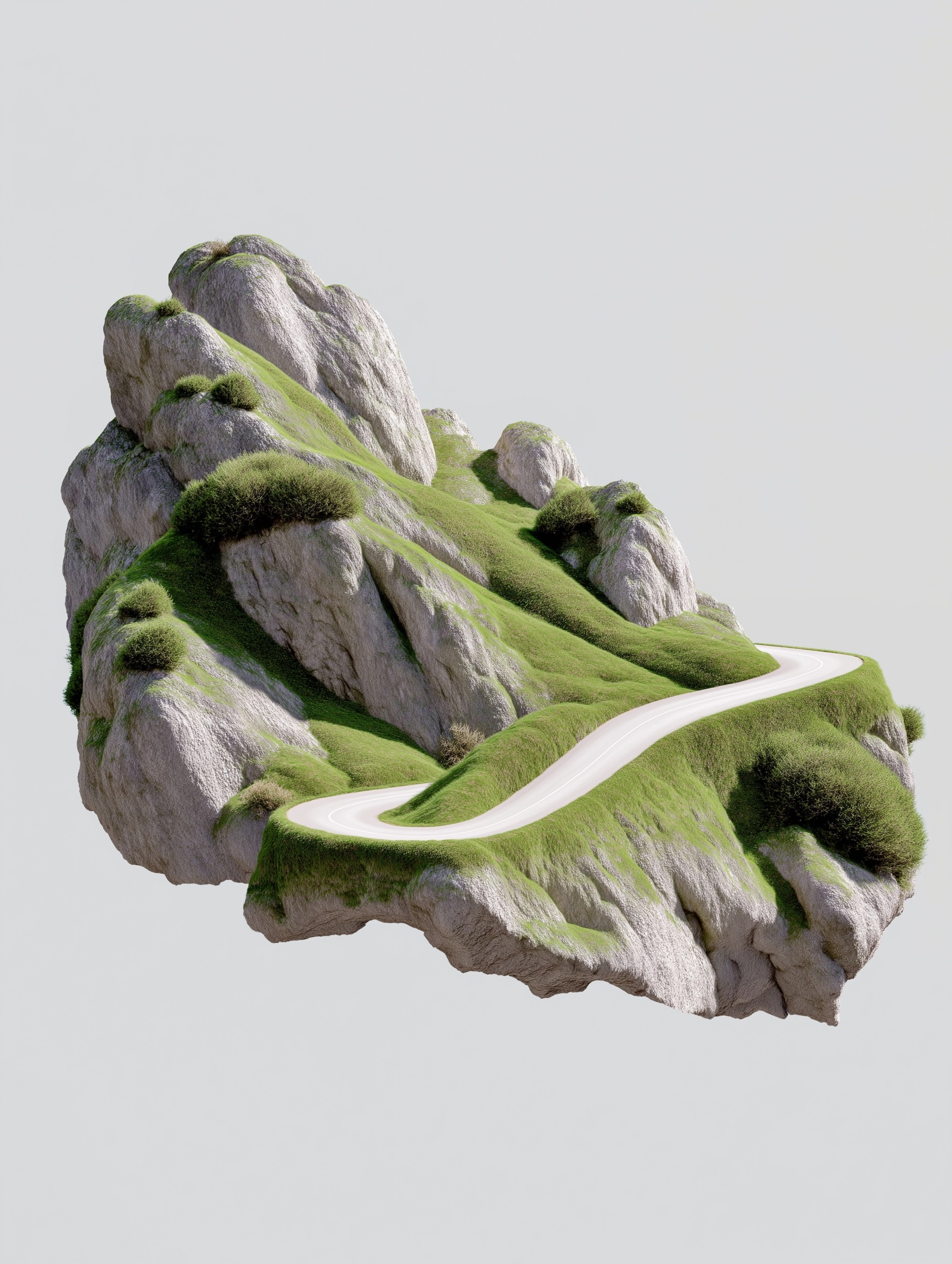 Generate the mountains through which the serpentine road passes. The mountains are large