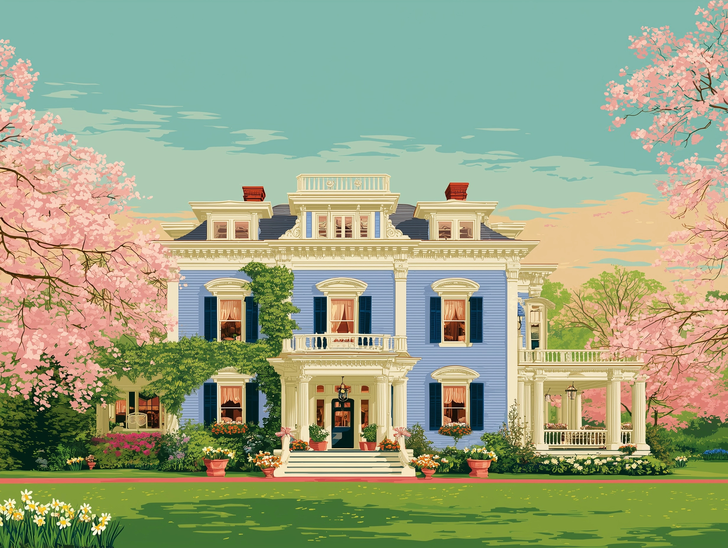 Flat illustration of a Cozy vintage inn in a beautiful setting in a small town in the United States