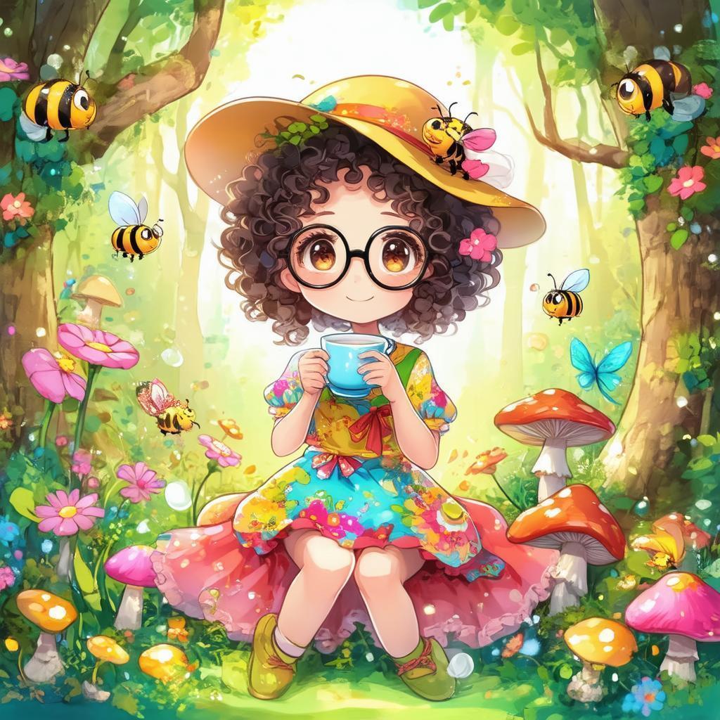 Curly Haired Girl in Buzzing Manga Forest