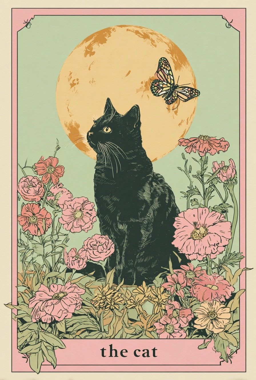 The cat, an illustrated tarot card featuring a black cat sitting in flowers with the moon and butter